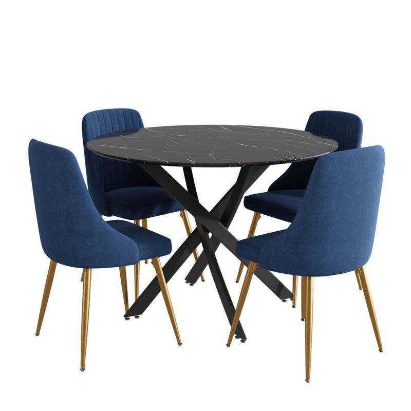 5 Piece Twist Leg Black Dining Table and Blue Velvet Chair Set - Furniture > Outdoor - Rivercity House & Home Co. (ABN 18 642 972 209) - Affordable Modern Furniture Australia