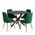 5 Piece Twist Leg Black Dining Table and Green Velvet Chair Set