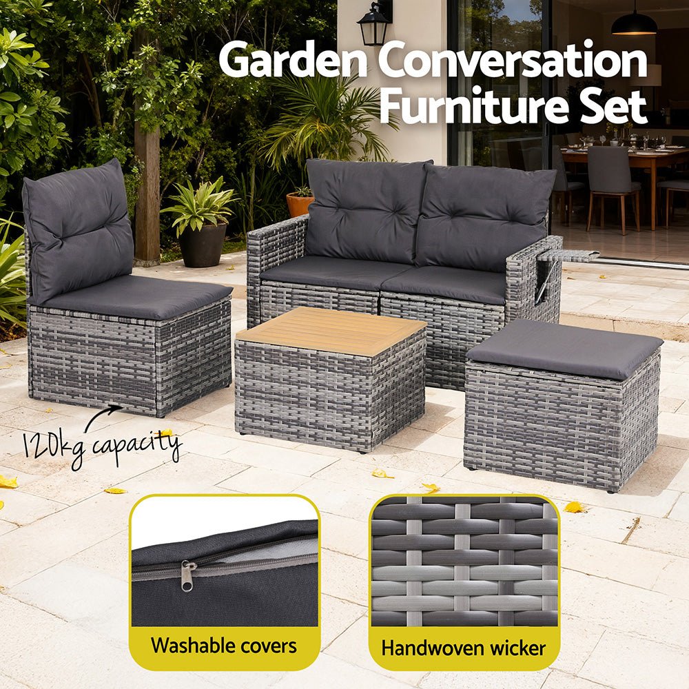 5 Pieces Outdoor Sofa Set 4 - Seater Grey Rattan Patio Furniture Table and Chair Setting - Furniture > Outdoor > Outdoor Sofas & Lounge Sets - Rivercity House & Home Co. (ABN 18 642 972 209) - Affordable Modern Furniture Australia