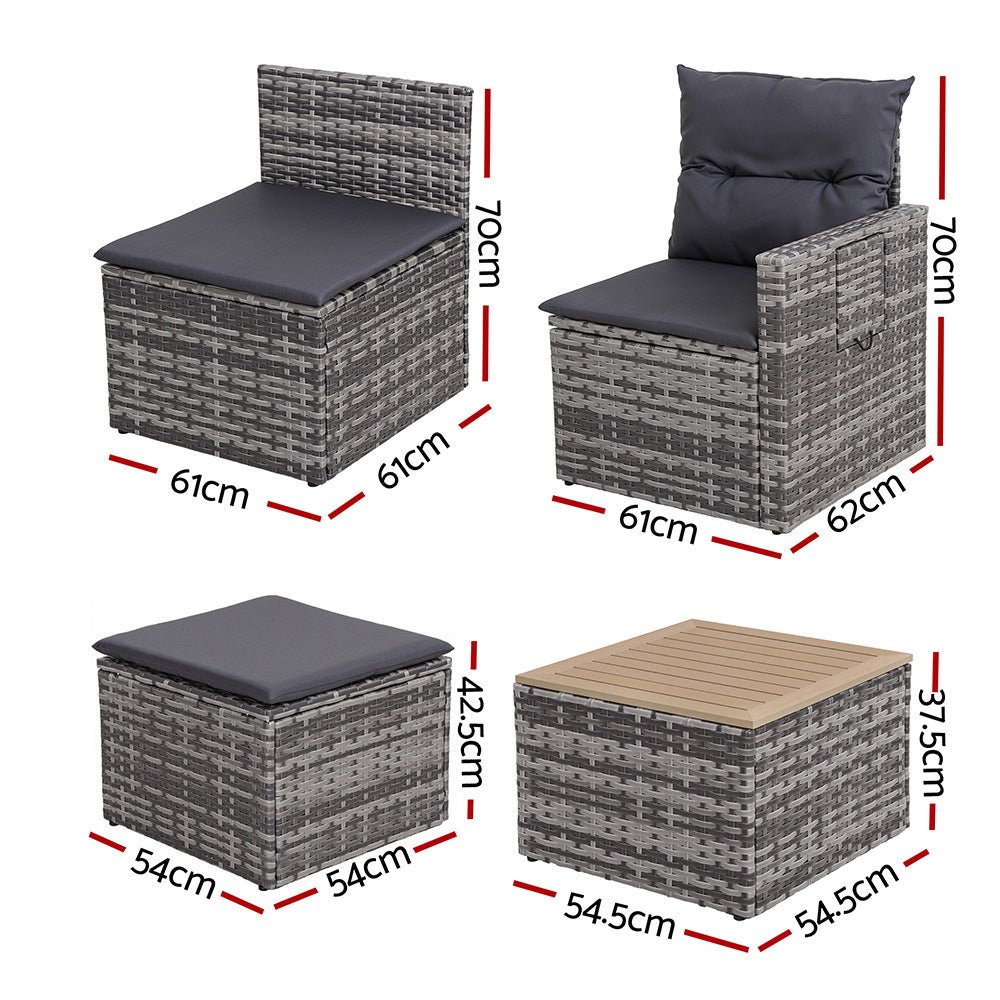 5 Pieces Outdoor Sofa Set 4 - Seater Grey Rattan Patio Furniture Table and Chair Setting - Furniture > Outdoor > Outdoor Sofas & Lounge Sets - Rivercity House & Home Co. (ABN 18 642 972 209) - Affordable Modern Furniture Australia