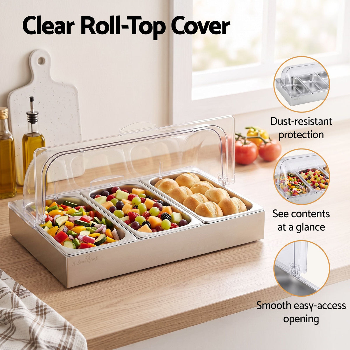 5-Star Chef 3 Pan Food Serving Display Stainless Steel with Clear Roll Top Cover - Home & Garden > Kitchenware > Food Storage - Rivercity House & Home Co. (ABN 18 642 972 209) - Affordable Modern Furniture Australia