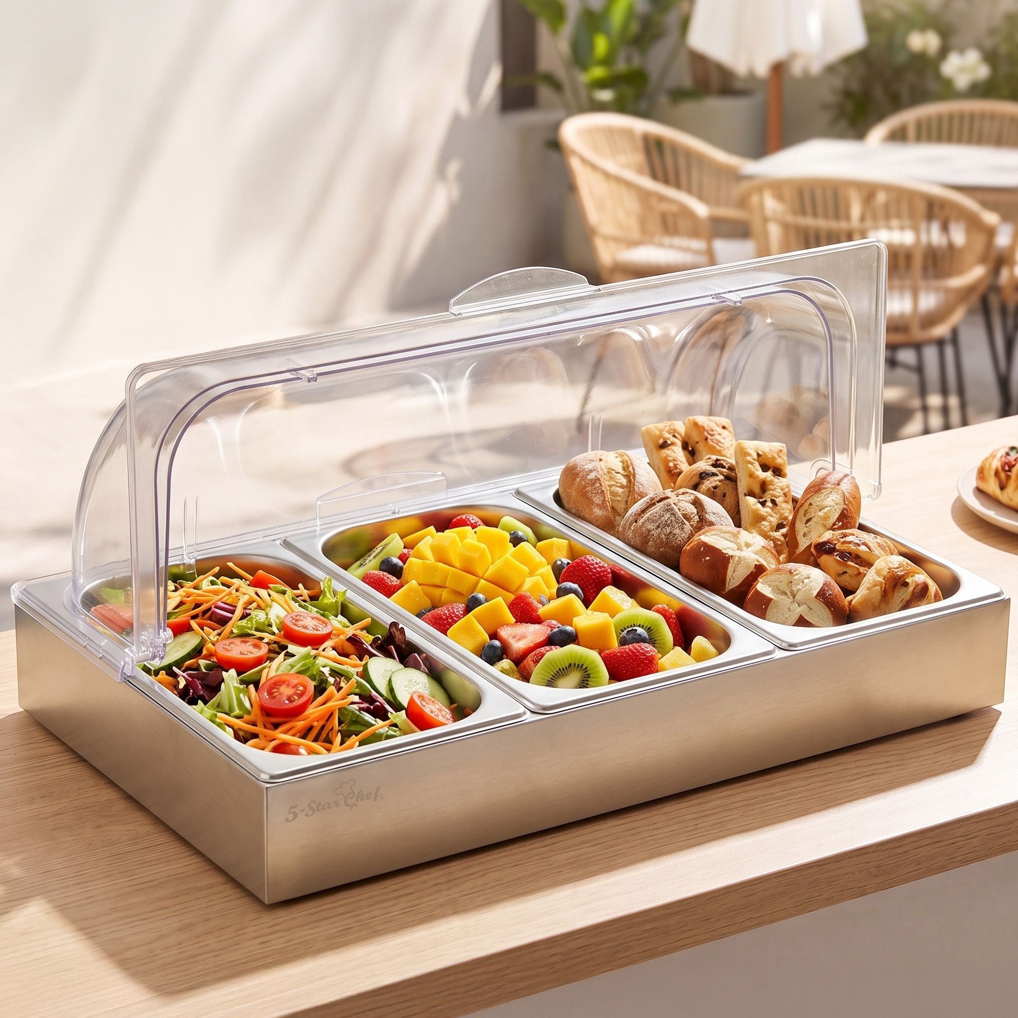 5-Star Chef 3 Pan Food Serving Display Stainless Steel with Clear Roll Top Cover - Home & Garden > Kitchenware > Food Storage - Rivercity House & Home Co. (ABN 18 642 972 209) - Affordable Modern Furniture Australia