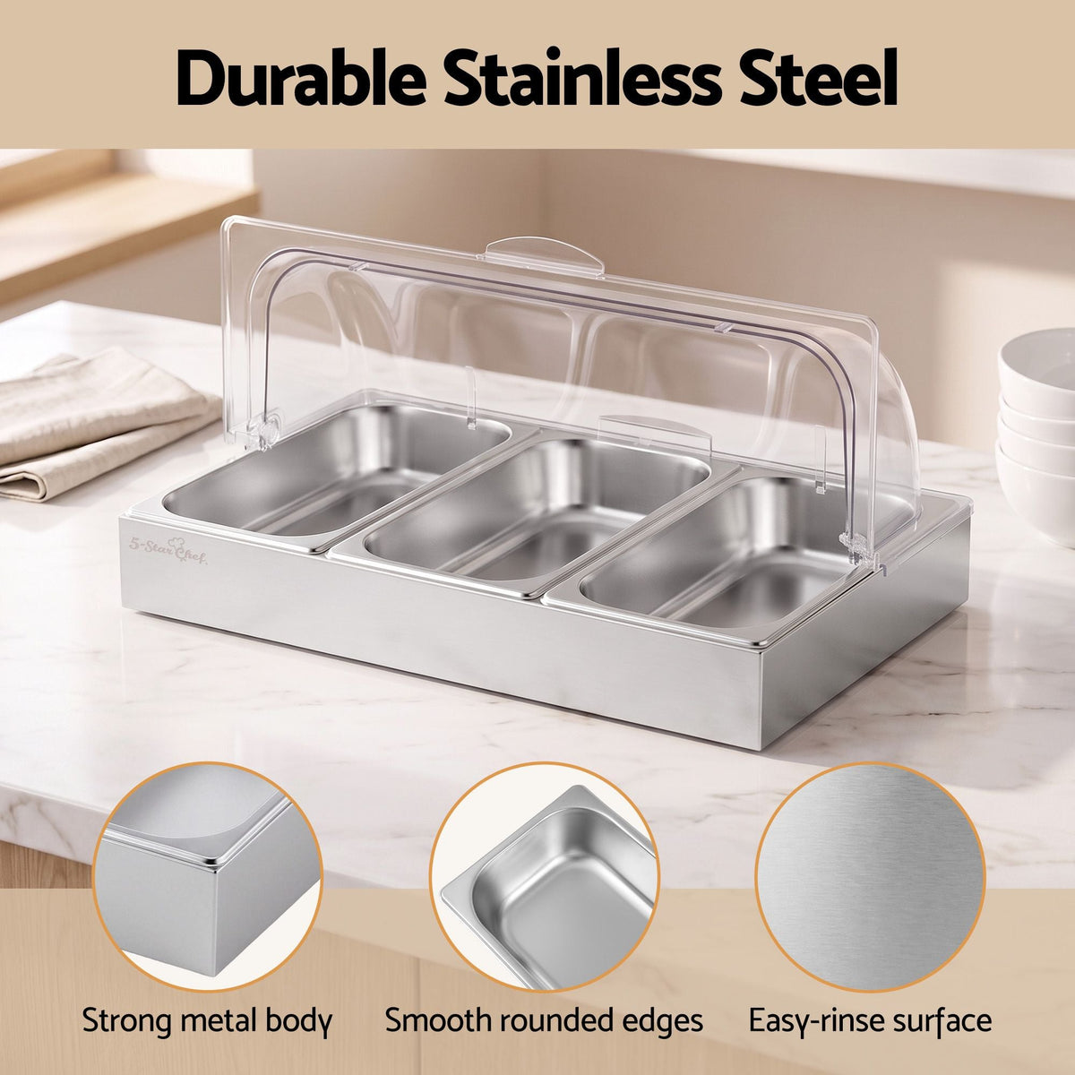 5-Star Chef 3 Pan Food Serving Display Stainless Steel with Clear Roll Top Cover - Home & Garden > Kitchenware > Food Storage - Rivercity House & Home Co. (ABN 18 642 972 209) - Affordable Modern Furniture Australia