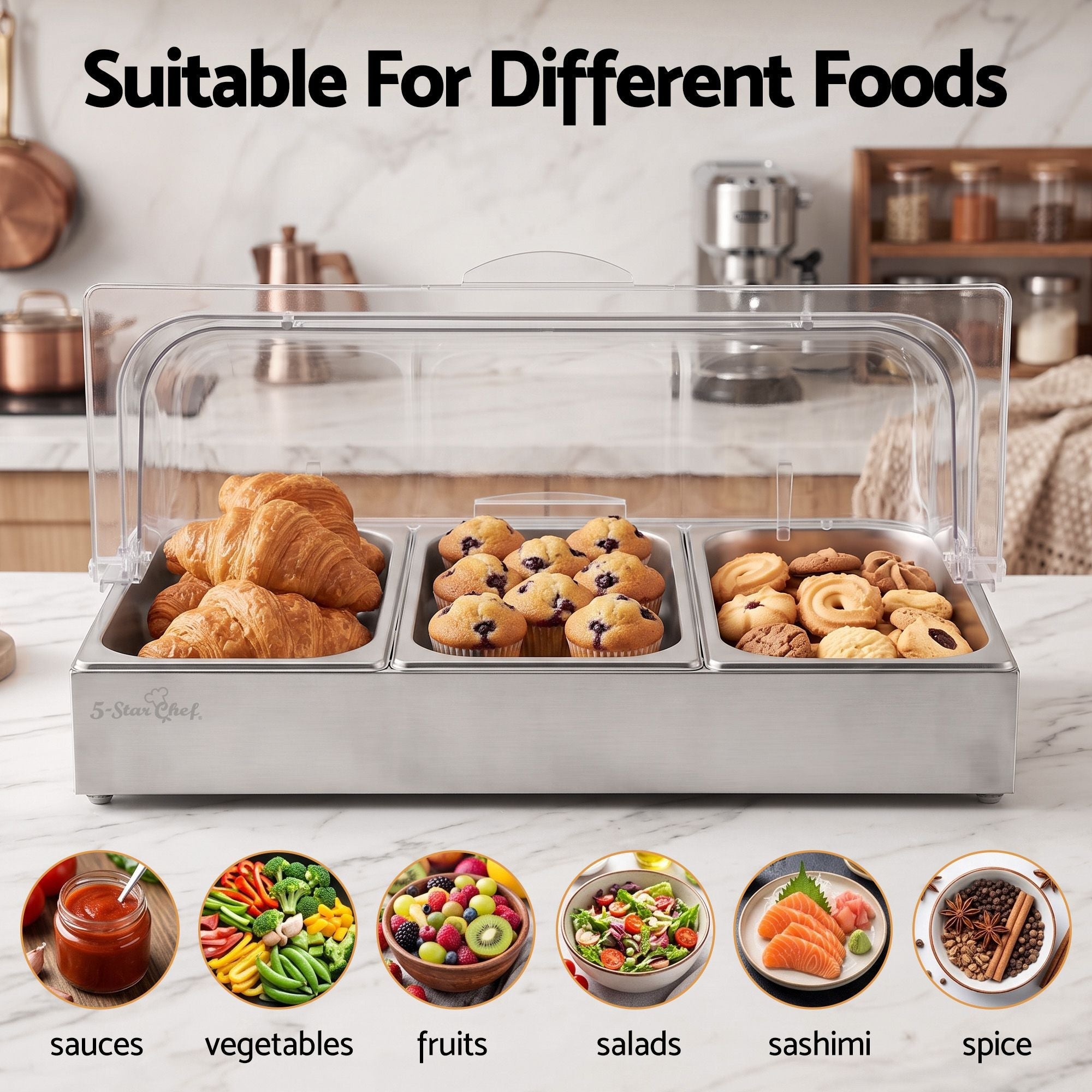 5-Star Chef 3 Pan Food Serving Display Stainless Steel with Clear Roll Top Cover - Home & Garden > Kitchenware > Food Storage - Rivercity House & Home Co. (ABN 18 642 972 209) - Affordable Modern Furniture Australia