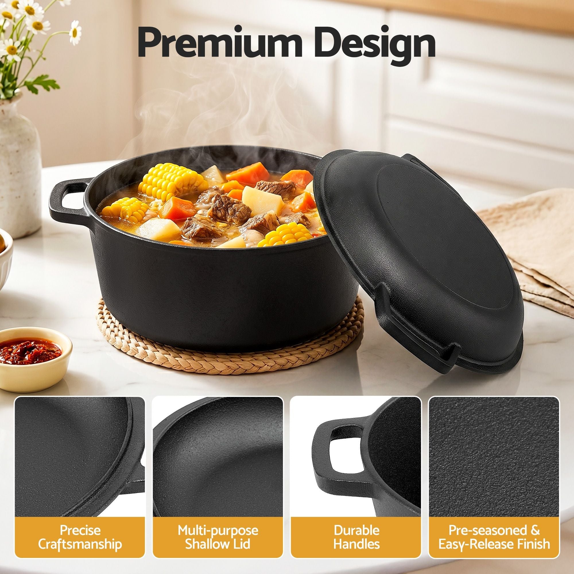 5 - Star Chef 5L 2 - In - 1 Pre - Seasoned Cast Iron Dutch Oven Pot with Lid and Dual Handles for Sourdough Bread Baking - Appliances > Kitchen Appliances > Kitchen Appliance Accessories - Rivercity House & Home Co. (ABN 18 642 972 209) - Affordable Modern Furniture Australia