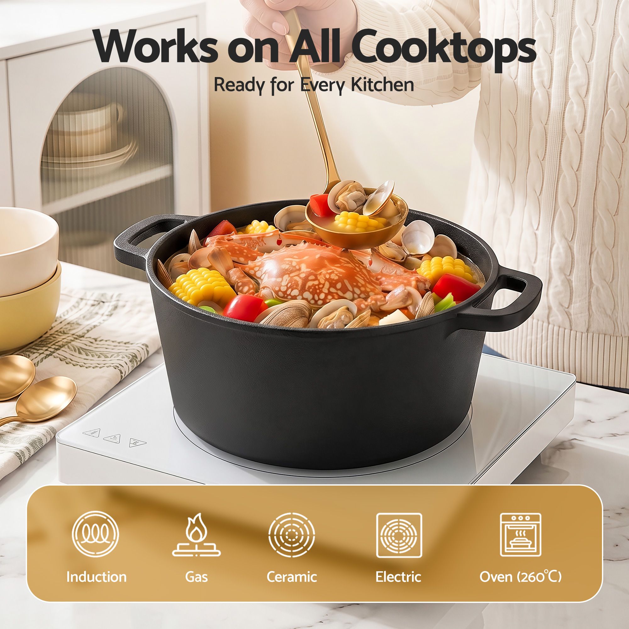 5 - Star Chef 5L 2 - In - 1 Pre - Seasoned Cast Iron Dutch Oven Pot with Lid and Dual Handles for Sourdough Bread Baking - Appliances > Kitchen Appliances > Kitchen Appliance Accessories - Rivercity House & Home Co. (ABN 18 642 972 209) - Affordable Modern Furniture Australia