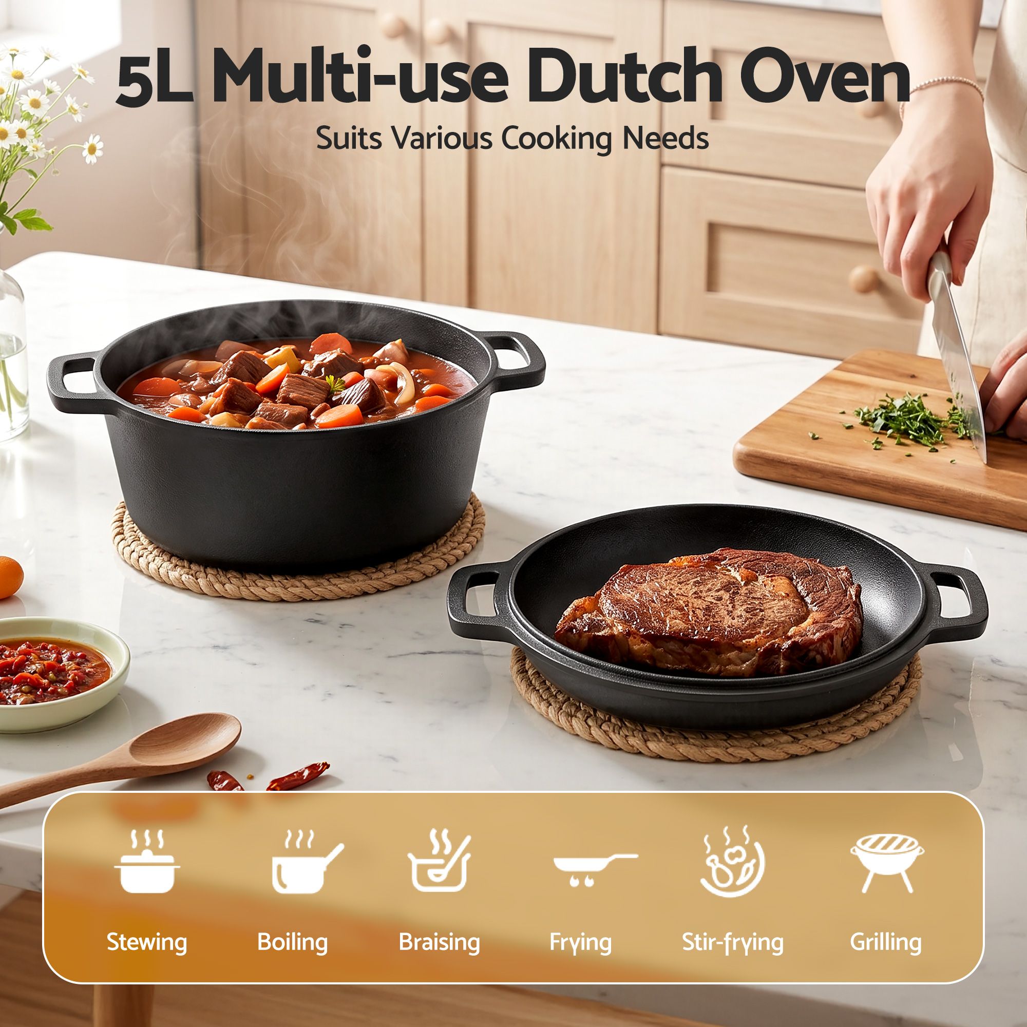 5 - Star Chef 5L 2 - In - 1 Pre - Seasoned Cast Iron Dutch Oven Pot with Lid and Dual Handles for Sourdough Bread Baking - Appliances > Kitchen Appliances > Kitchen Appliance Accessories - Rivercity House & Home Co. (ABN 18 642 972 209) - Affordable Modern Furniture Australia