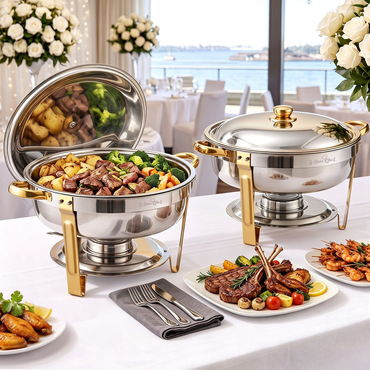 5-Star Chef 5L Chafing Dish Set 2-Pack, Food Warmer Catering Server Buffet - Appliances > Kitchen Appliances > Food Warmers & Chafing Dishes - Rivercity House & Home Co. (ABN 18 642 972 209) - Affordable Modern Furniture Australia
