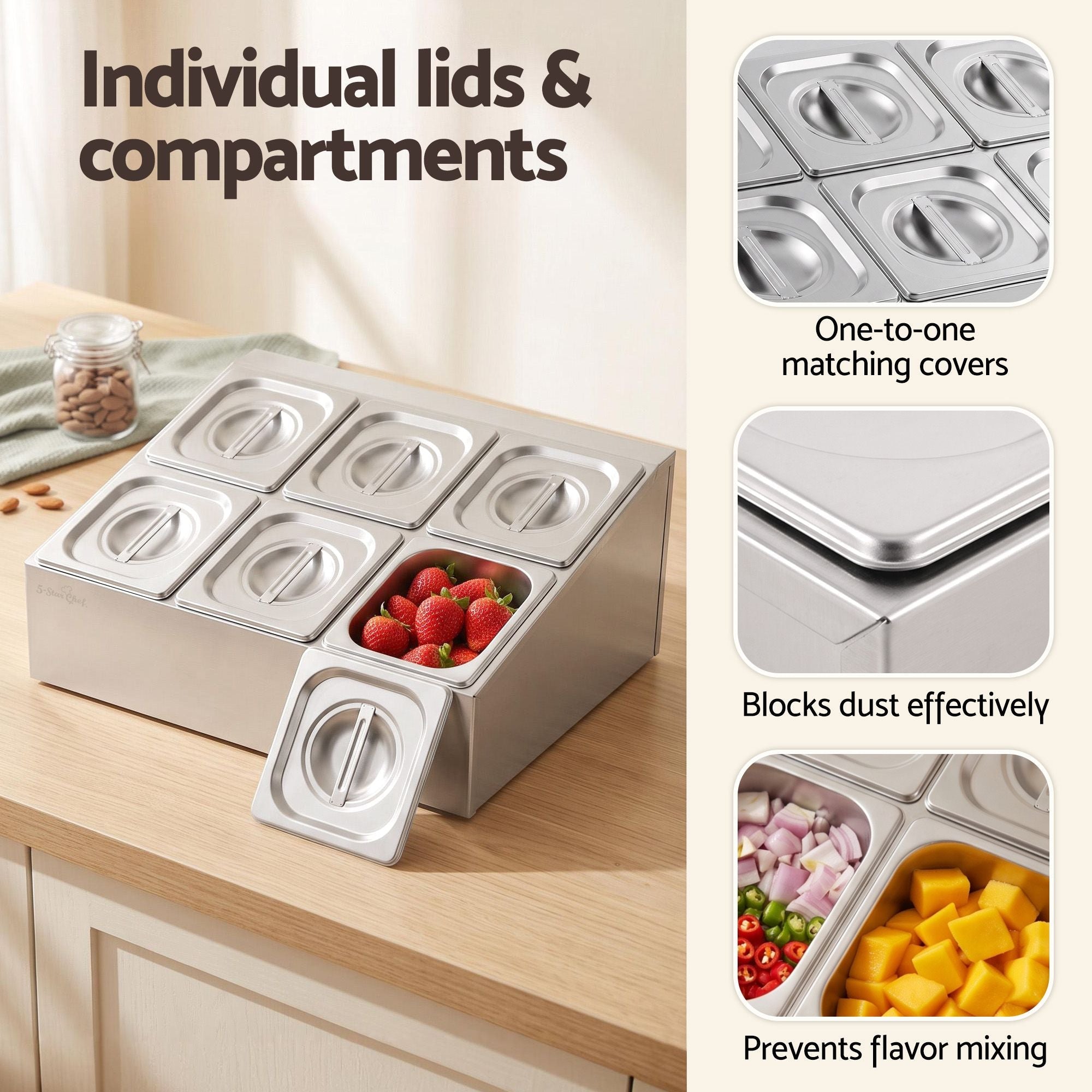 5-Star Chef 6 Pan Food Serving Display Container Stainless Steel Food Container Lids - Home & Garden > Kitchenware > Food Storage - Rivercity House & Home Co. (ABN 18 642 972 209) - Affordable Modern Furniture Australia