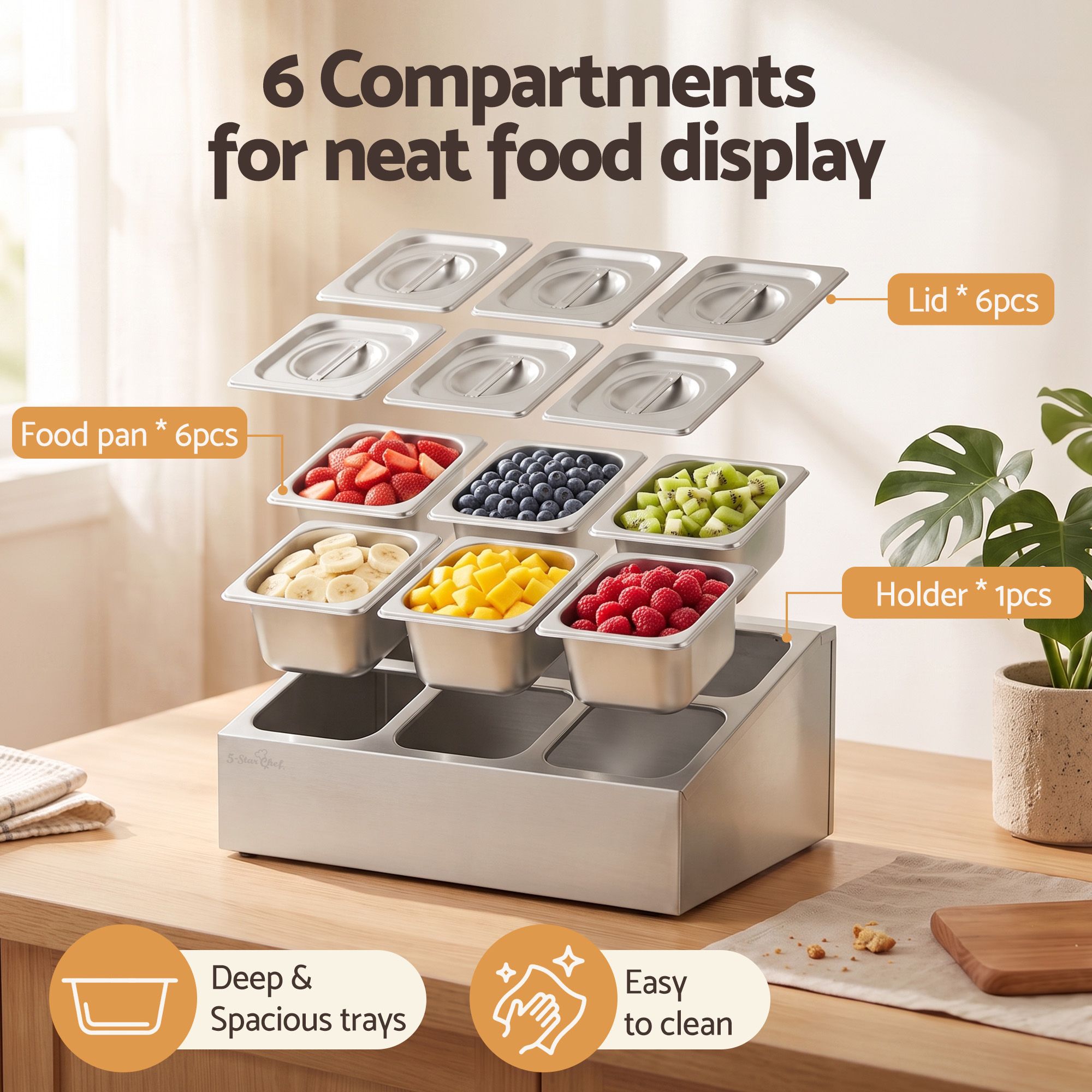 5-Star Chef 6 Pan Food Serving Display Container Stainless Steel Food Container Lids - Home & Garden > Kitchenware > Food Storage - Rivercity House & Home Co. (ABN 18 642 972 209) - Affordable Modern Furniture Australia