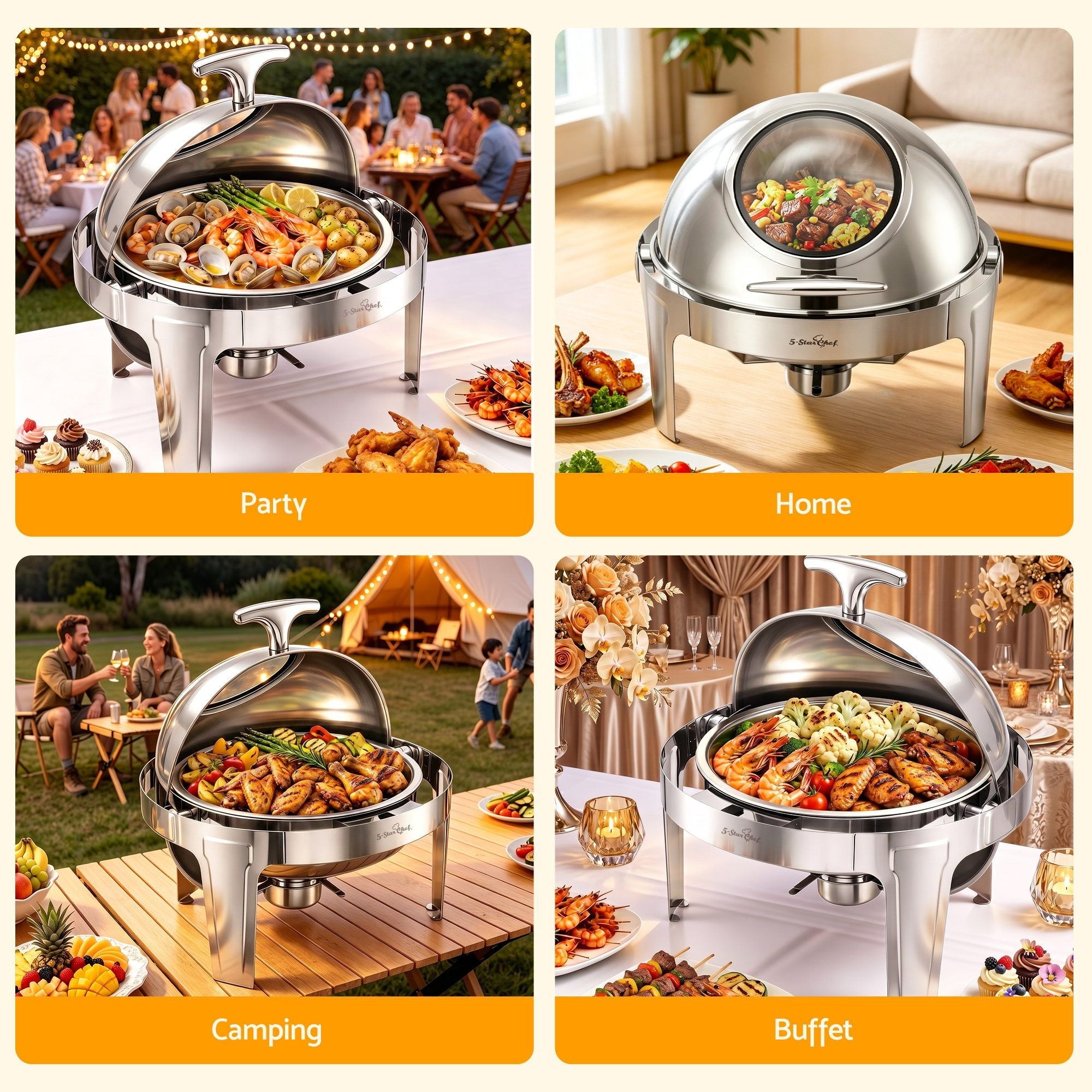 5-Star Chef 9L Chafing Dish Buffet Warmer Food Warmer Catering Server Round - Appliances > Kitchen Appliances > Food Warmers & Chafing Dishes - Rivercity House & Home Co. (ABN 18 642 972 209) - Affordable Modern Furniture Australia