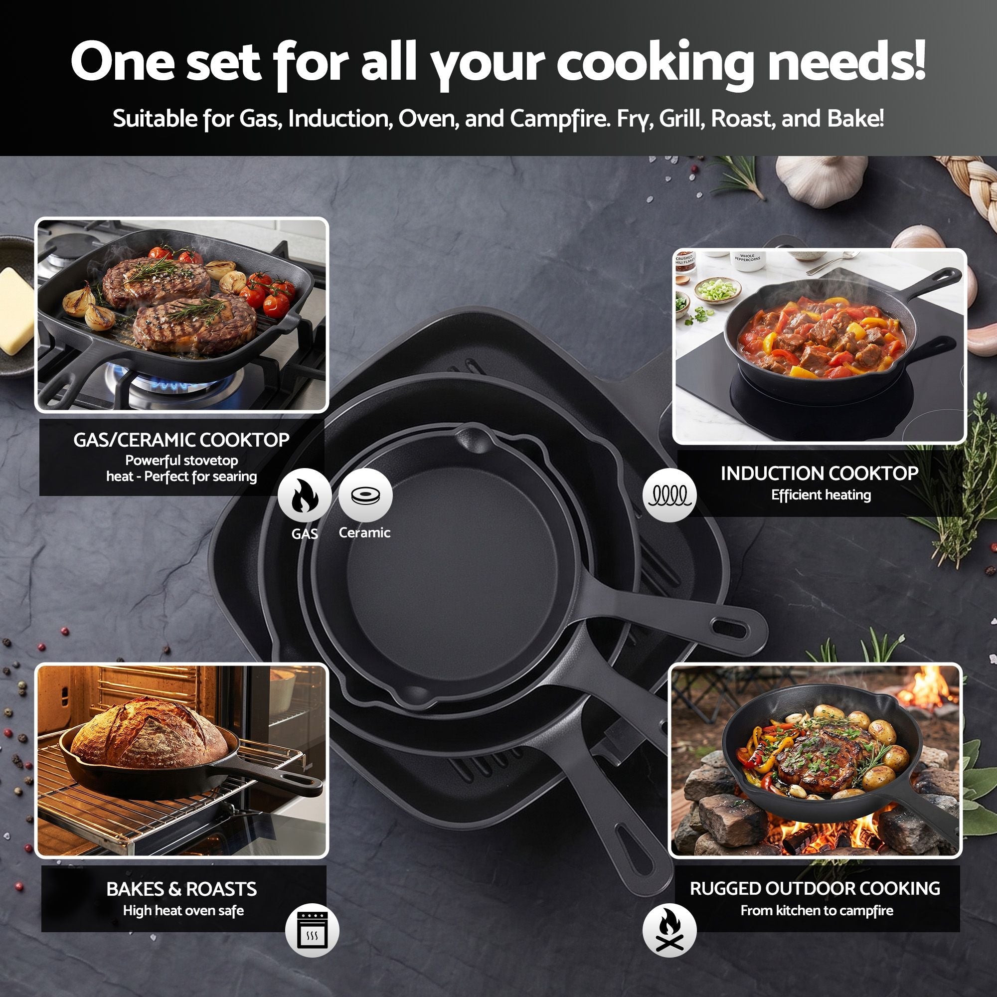 5 - Star Chef Cast Iron Fry Pan Skillet Cookware Set Induction Black 14/16/20/24cm - Home & Garden > Kitchenware > Skillets & Frying Pans - Rivercity House & Home Co. (ABN 18 642 972 209) - Affordable Modern Furniture Australia