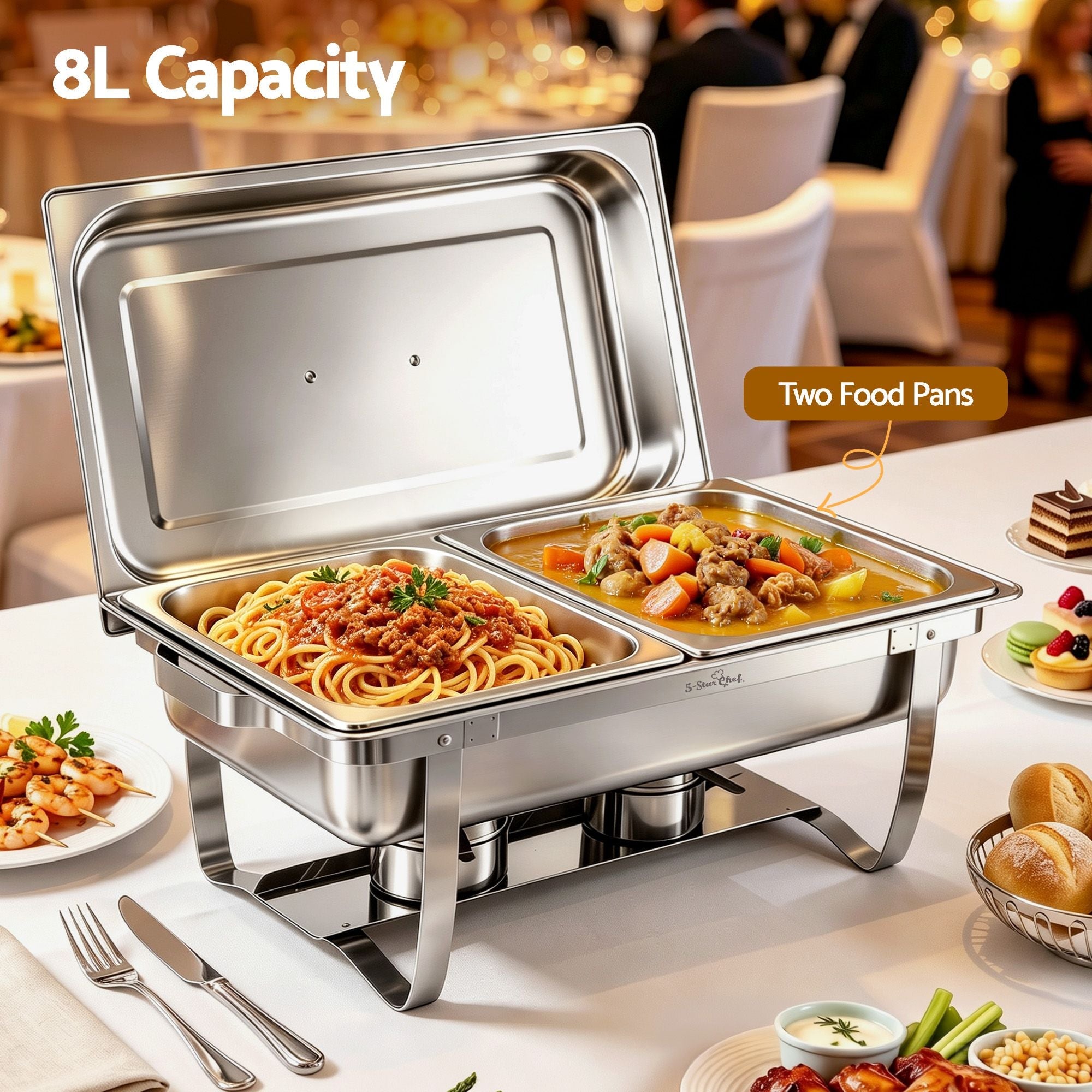 5-Star Chef Chafing Dish 8L 2-Pan Buffet Warmer Food Warmer Catering Server - Appliances > Kitchen Appliances > Food Warmers & Chafing Dishes - Rivercity House & Home Co. (ABN 18 642 972 209) - Affordable Modern Furniture Australia