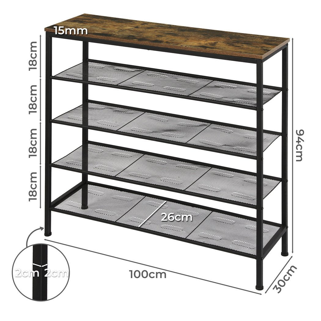 5 - Tier 100cm Wide Shoe Rack Storage Cabinet - Brown - Rivercity House & Home Co. (ABN 18 642 972 209) - Affordable Modern Furniture Australia