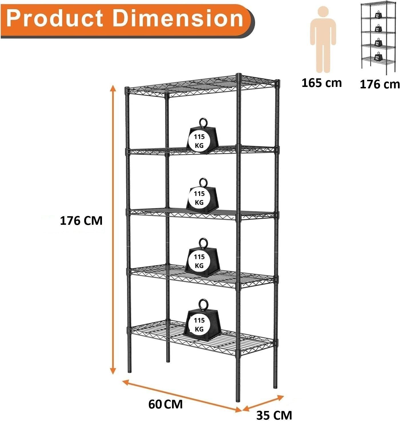 5 - Tier Adjustable Metal Storage Shelves Wire Rack Organizer for Kitchen, Pantry, Bathroom or Laundry Room (60cm W x 40cm D x 176cm H) - Home & Garden > Storage > Clothing & Wardrobe Storage - Rivercity House & Home Co. (ABN 18 642 972 209) - Affordable Modern Furniture Australia