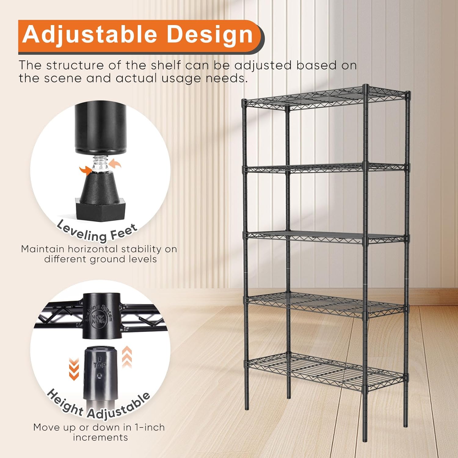 5 - Tier Adjustable Metal Storage Shelves Wire Rack Organizer for Kitchen, Pantry, Bathroom or Laundry Room (60cm W x 40cm D x 176cm H) - Home & Garden > Storage > Clothing & Wardrobe Storage - Rivercity House & Home Co. (ABN 18 642 972 209) - Affordable Modern Furniture Australia