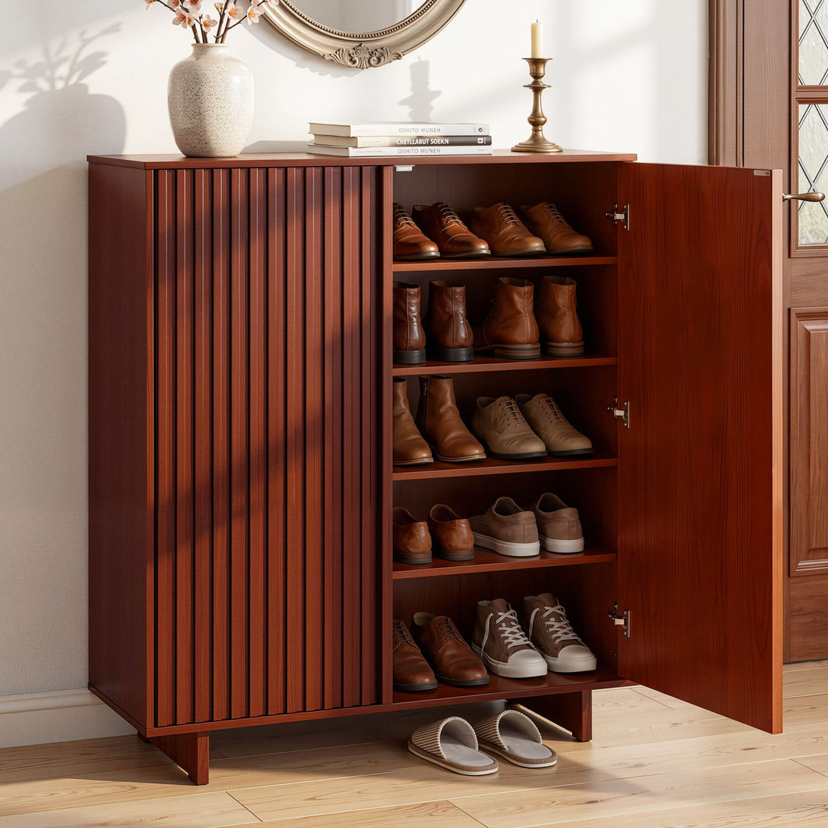 5 Tier Adjustable Shoe Cabinet Storage Organiser with Fluted Doors - Walnut - Furniture > Living Room > Shoe Storage - Rivercity House & Home Co. (ABN 18 642 972 209) - Affordable Modern Furniture Australia