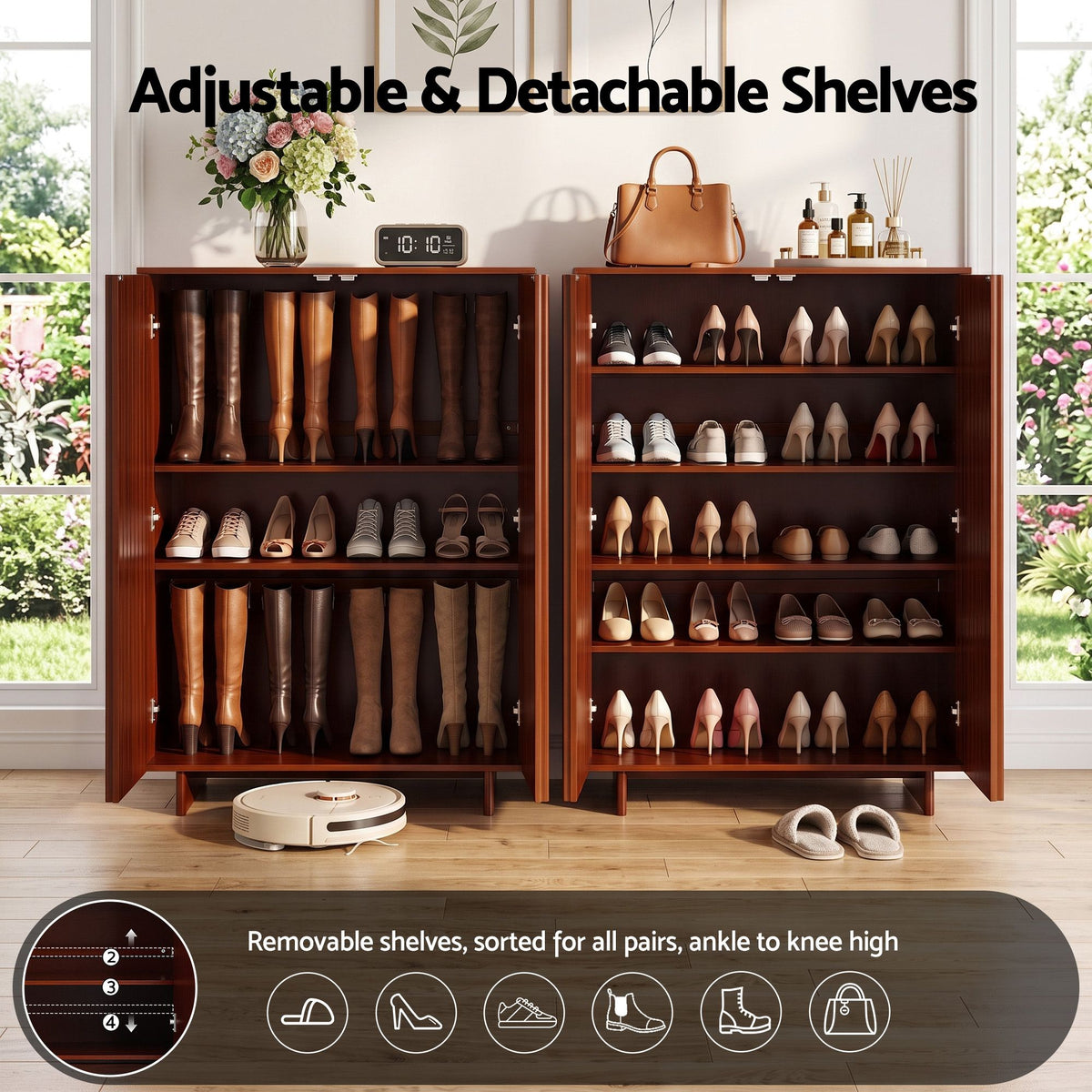 5 Tier Adjustable Shoe Cabinet Storage Organiser with Fluted Doors - Walnut - Furniture > Living Room > Shoe Storage - Rivercity House & Home Co. (ABN 18 642 972 209) - Affordable Modern Furniture Australia