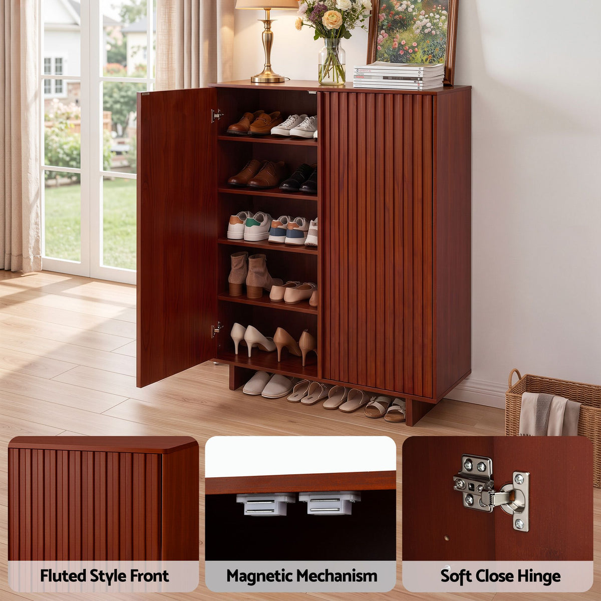 5 Tier Adjustable Shoe Cabinet Storage Organiser with Fluted Doors - Walnut - Furniture > Living Room > Shoe Storage - Rivercity House & Home Co. (ABN 18 642 972 209) - Affordable Modern Furniture Australia