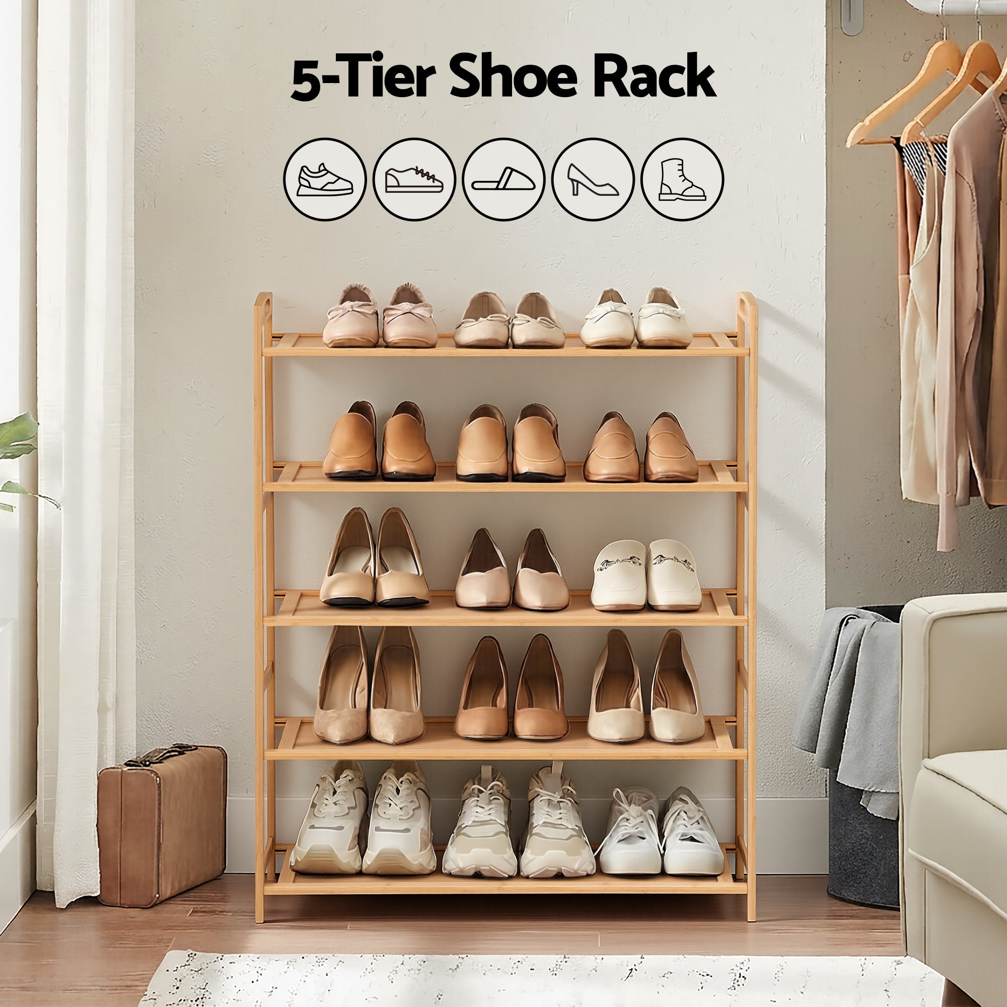 5 Tier Bamboo Shoe Rack Storage Organiser - Pine - Furniture > Living Room > Shoe Storage - Rivercity House & Home Co. (ABN 18 642 972 209) - Affordable Modern Furniture Australia