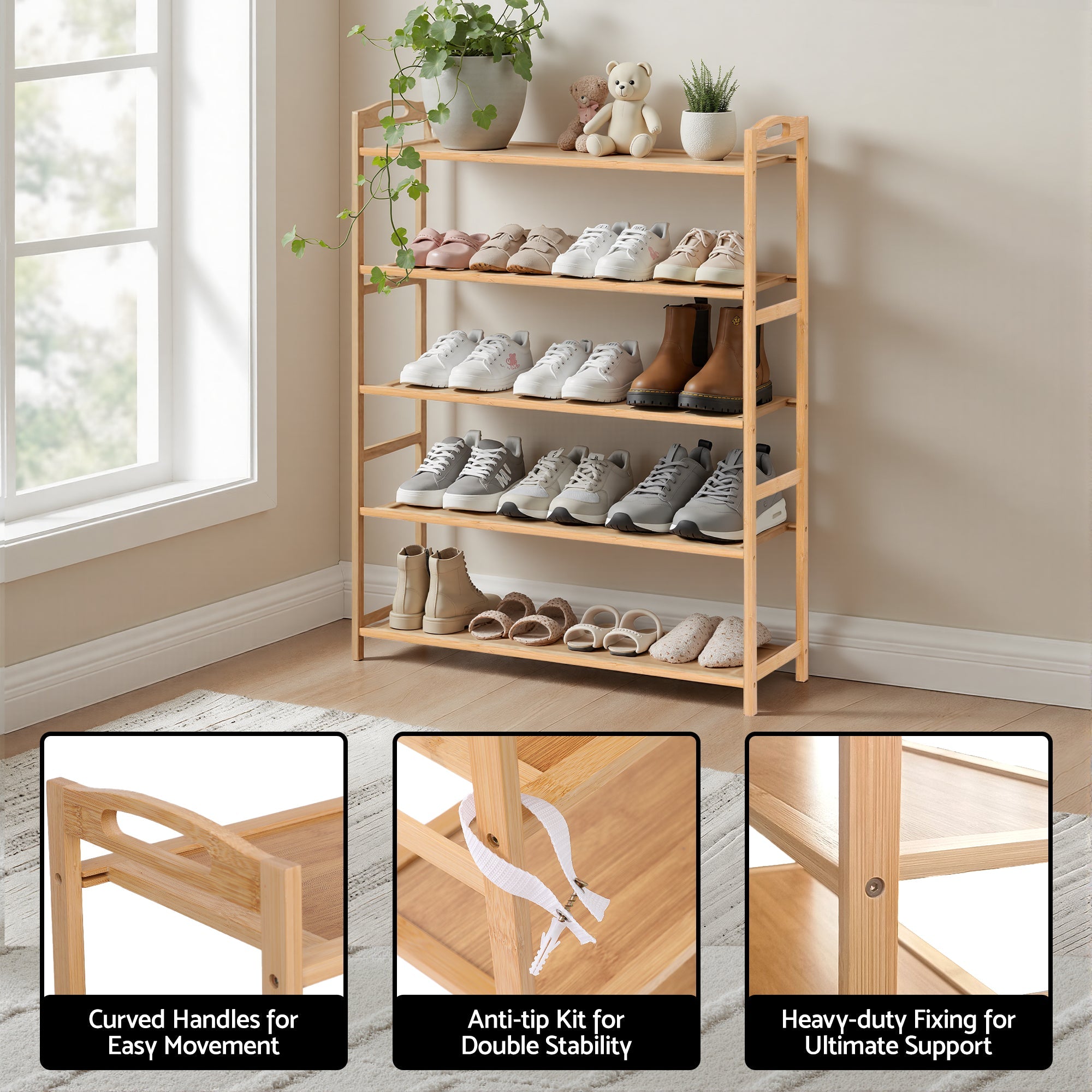 5 Tier Bamboo Shoe Rack Storage Organiser - Pine - Furniture > Living Room > Shoe Storage - Rivercity House & Home Co. (ABN 18 642 972 209) - Affordable Modern Furniture Australia