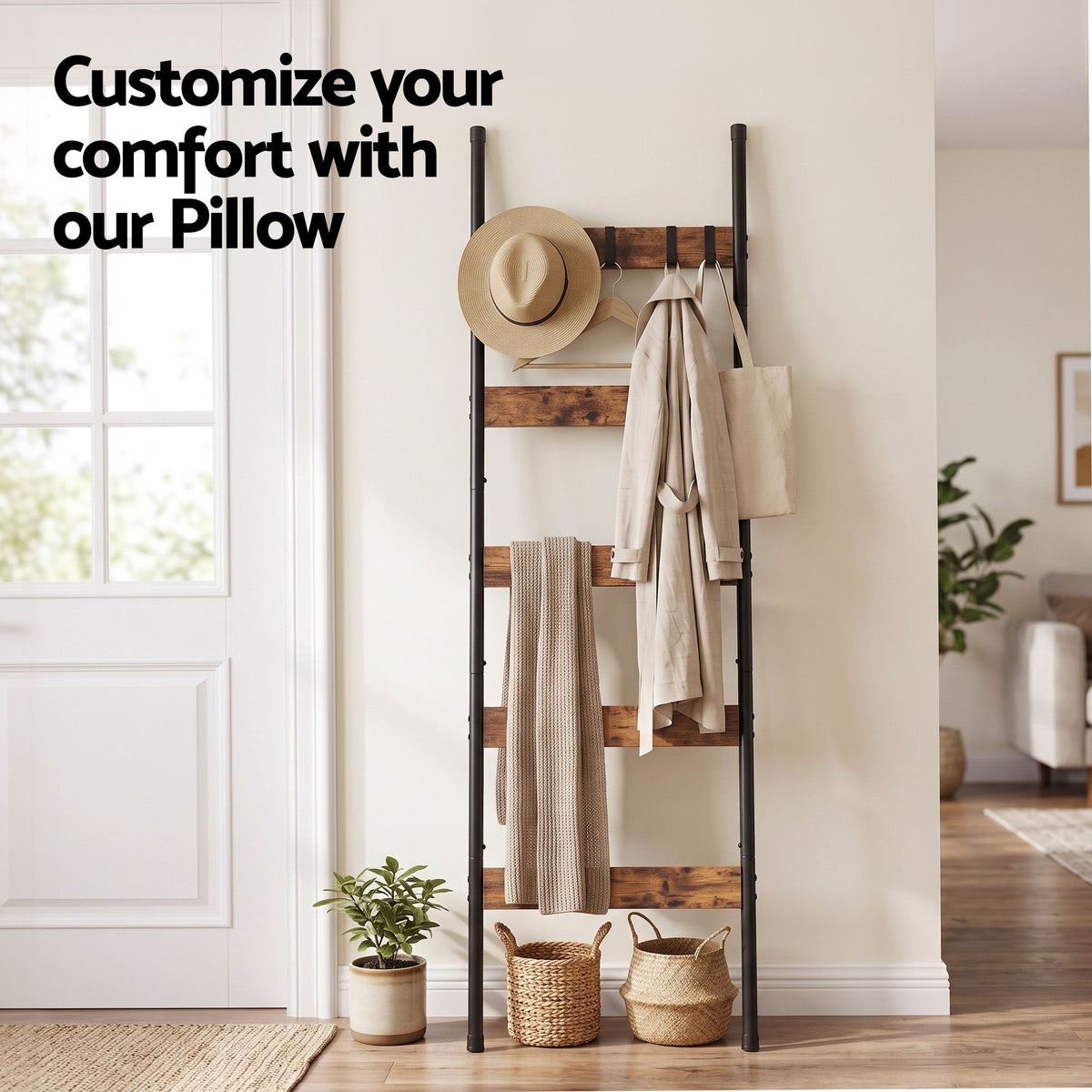 5-Tier Blanket Ladder with Anti-Tip Kit and 5 Hooks for Clothes and Bags, Leaning Towel and Quilt Rack - Black - Home & Garden > Bathroom Accessories > Towel Racks & Holders - Rivercity House & Home Co. (ABN 18 642 972 209) - Affordable Modern Furniture Australia