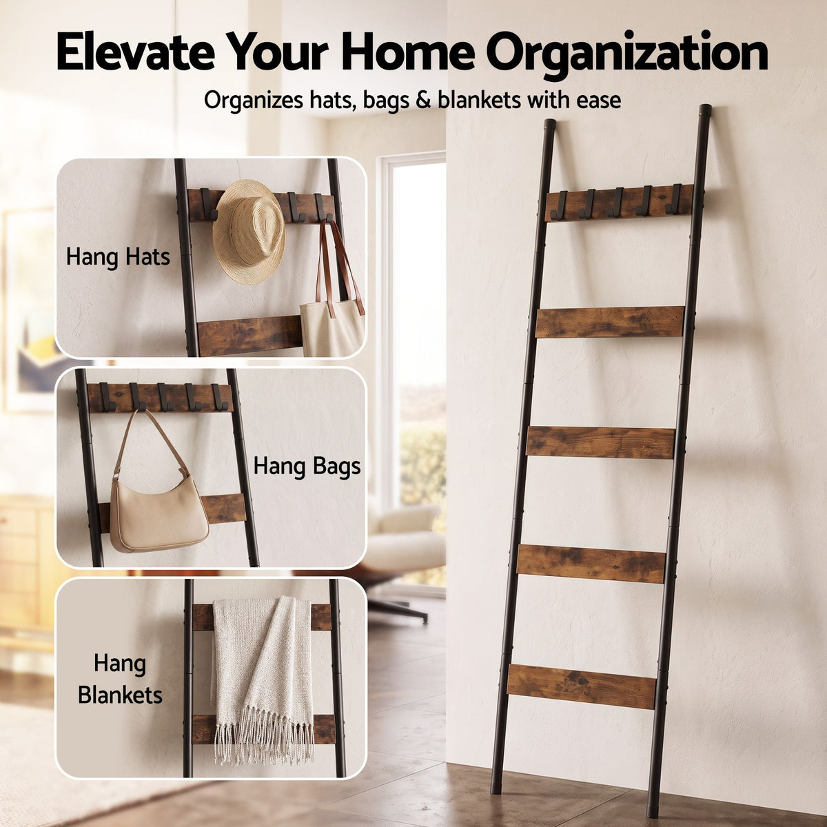 5-Tier Blanket Ladder with Anti-Tip Kit and 5 Hooks for Clothes and Bags, Leaning Towel and Quilt Rack - Black - Home & Garden > Bathroom Accessories > Towel Racks & Holders - Rivercity House & Home Co. (ABN 18 642 972 209) - Affordable Modern Furniture Australia