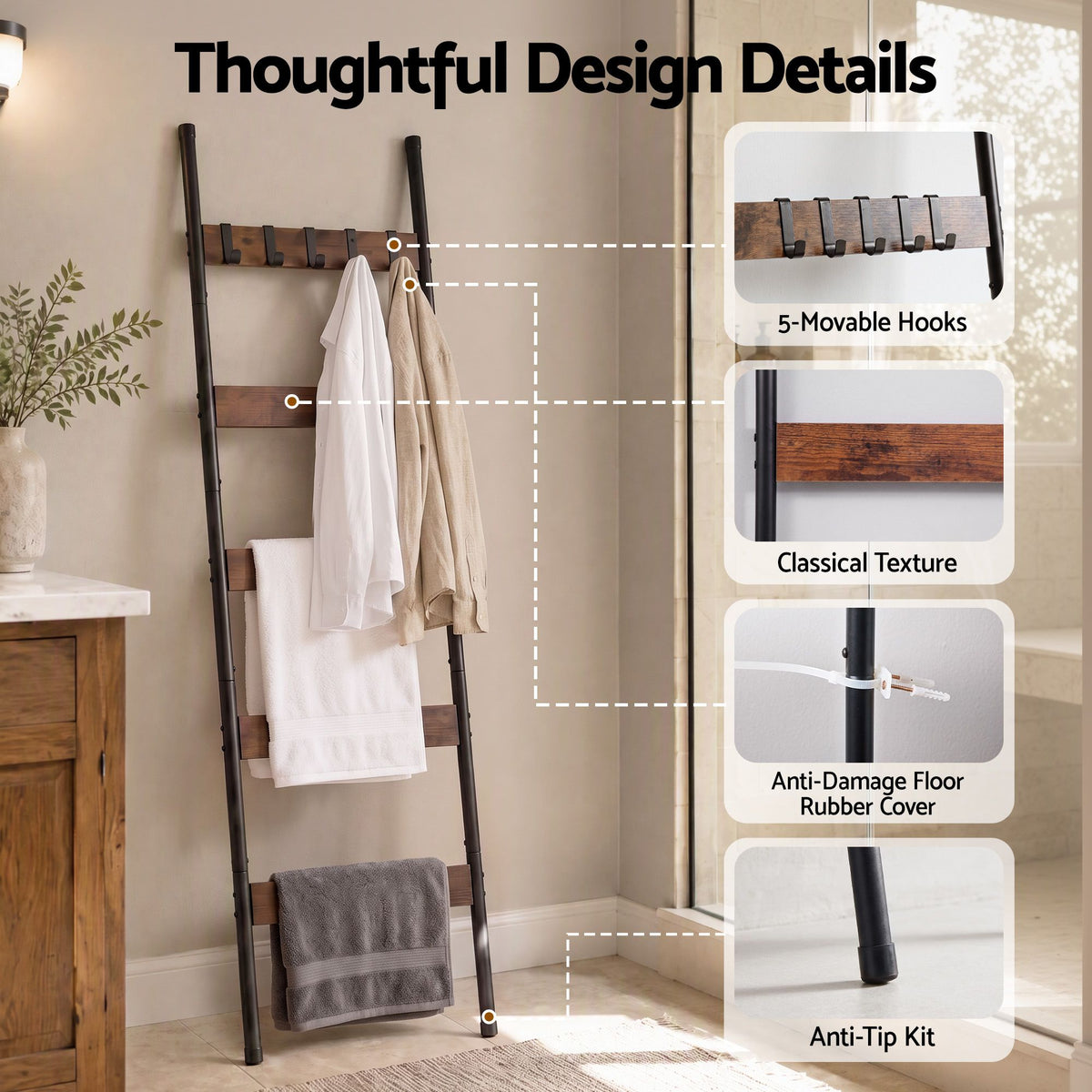 5-Tier Blanket Ladder with Anti-Tip Kit and 5 Hooks for Clothes and Bags, Leaning Towel and Quilt Rack - Black - Home & Garden > Bathroom Accessories > Towel Racks & Holders - Rivercity House & Home Co. (ABN 18 642 972 209) - Affordable Modern Furniture Australia