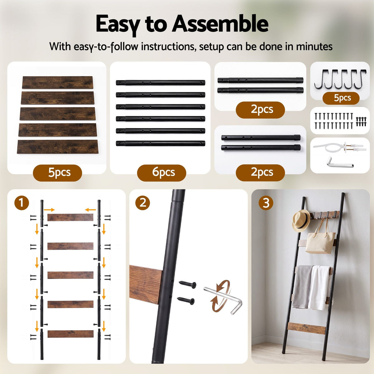 5-Tier Blanket Ladder with Anti-Tip Kit and 5 Hooks for Clothes and Bags, Leaning Towel and Quilt Rack - Black - Home & Garden > Bathroom Accessories > Towel Racks & Holders - Rivercity House & Home Co. (ABN 18 642 972 209) - Affordable Modern Furniture Australia