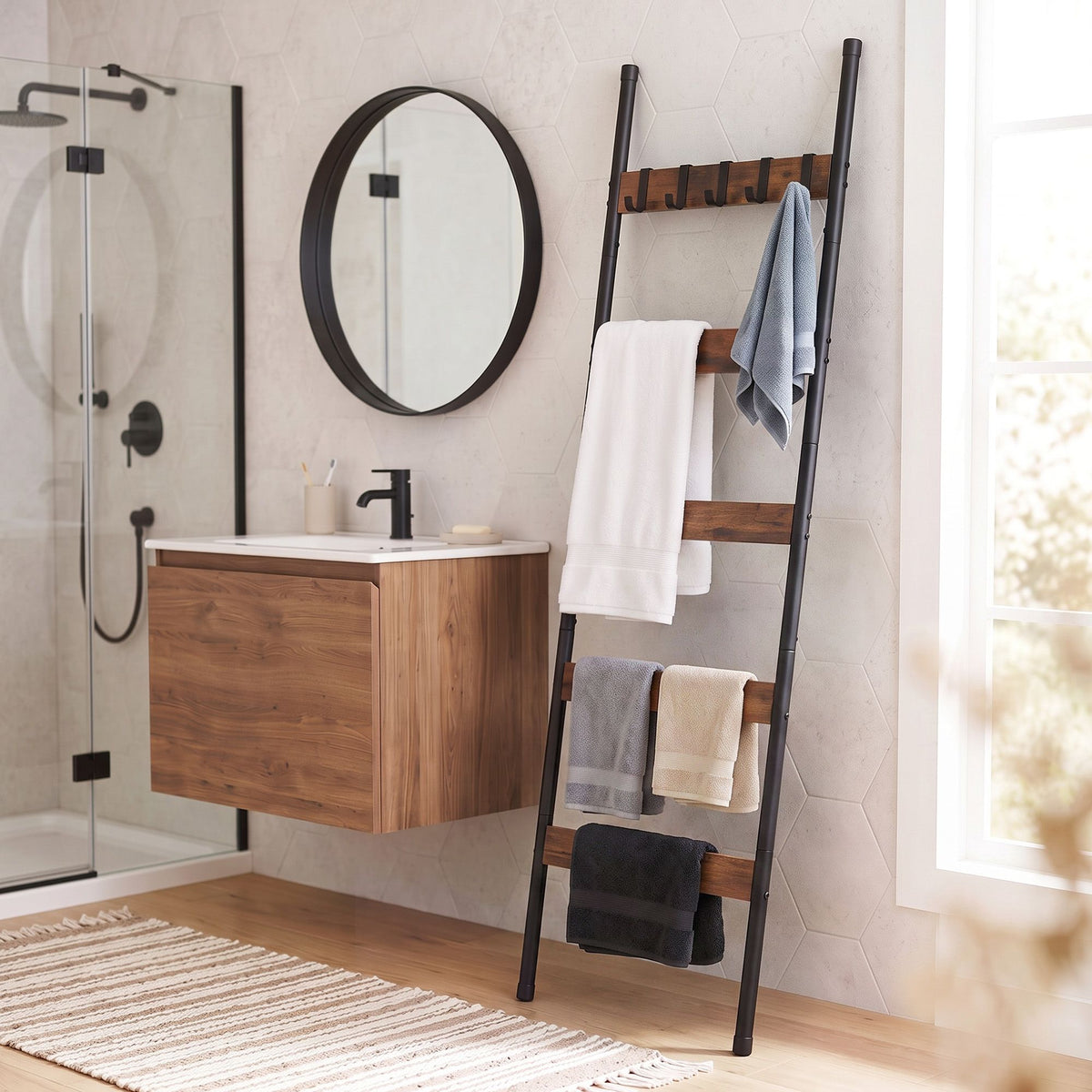 5-Tier Blanket Ladder with Anti-Tip Kit and 5 Hooks for Clothes and Bags, Leaning Towel and Quilt Rack - Black - Home & Garden > Bathroom Accessories > Towel Racks & Holders - Rivercity House & Home Co. (ABN 18 642 972 209) - Affordable Modern Furniture Australia