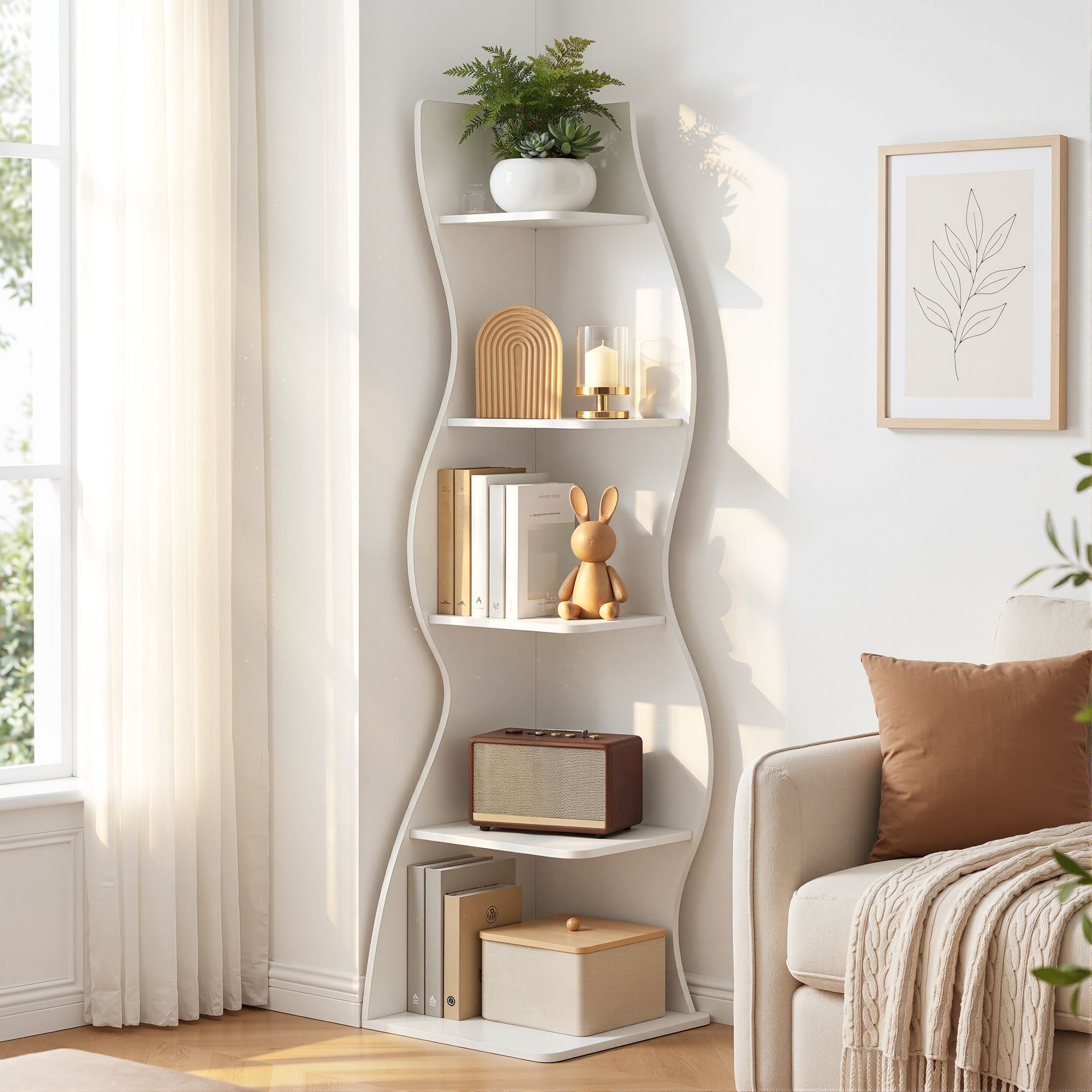 5-Tier Bookshelf Corner Shelf S-shaped Storage Rack White - Furniture > Living Room > Bookcases & Shelves - Rivercity House & Home Co. (ABN 18 642 972 209) - Affordable Modern Furniture Australia