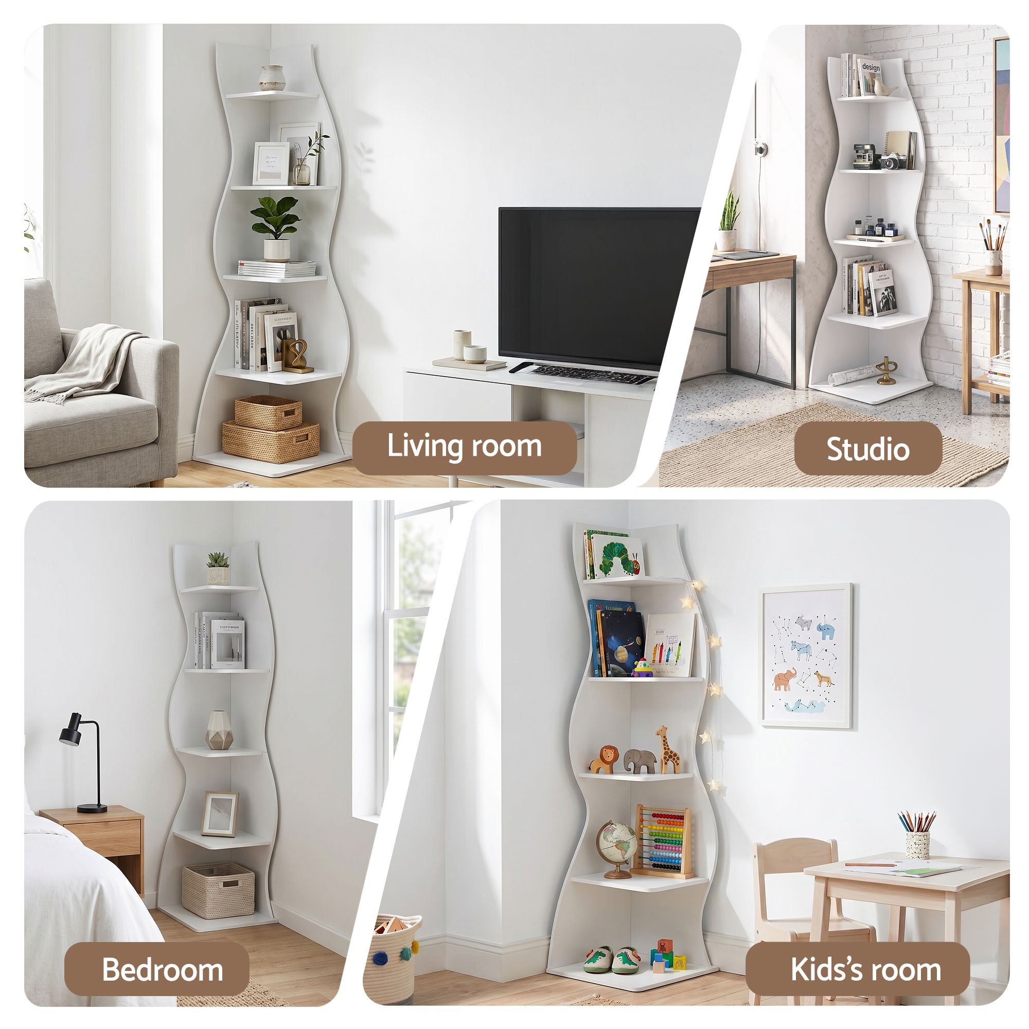 5-Tier Bookshelf Corner Shelf S-shaped Storage Rack White - Furniture > Living Room > Bookcases & Shelves - Rivercity House & Home Co. (ABN 18 642 972 209) - Affordable Modern Furniture Australia