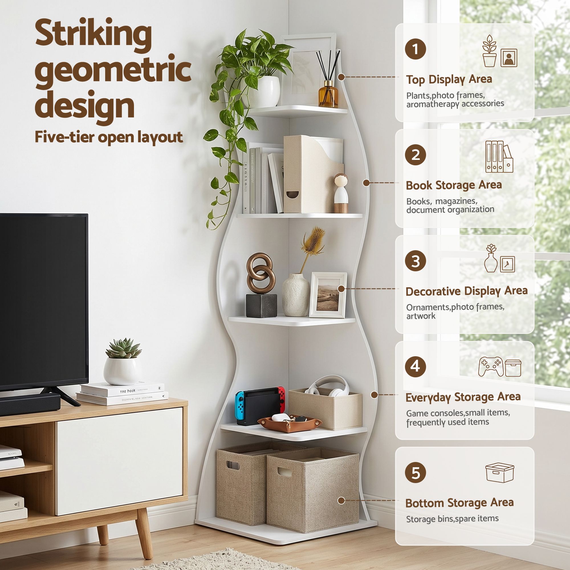5-Tier Bookshelf Corner Shelf S-shaped Storage Rack White - Furniture > Living Room > Bookcases & Shelves - Rivercity House & Home Co. (ABN 18 642 972 209) - Affordable Modern Furniture Australia
