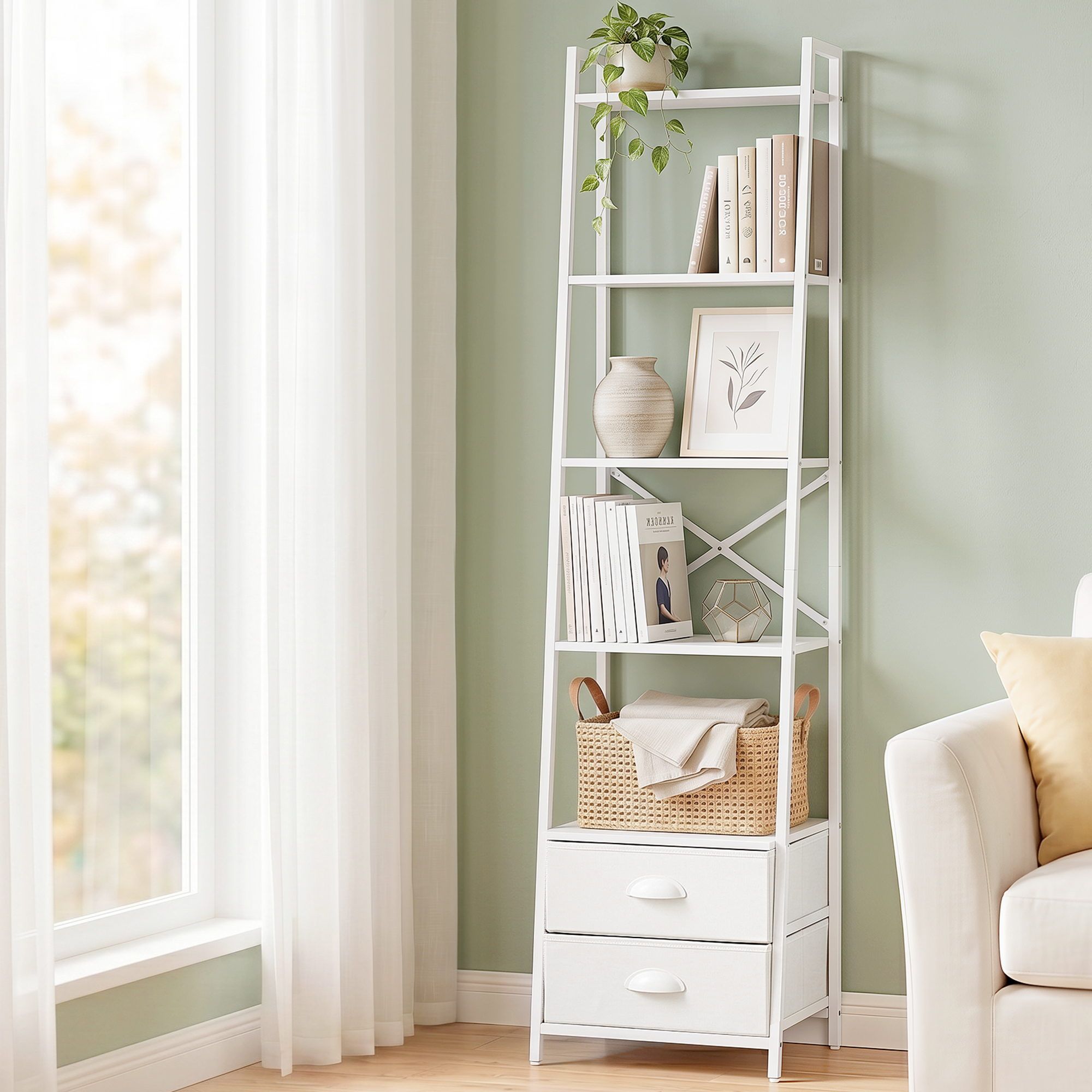 5 Tier Bookshelf Ladder Bookcase with Fabric Drawers Display Rack White - Furniture > Living Room > Bookcases & Shelves - Rivercity House & Home Co. (ABN 18 642 972 209) - Affordable Modern Furniture Australia