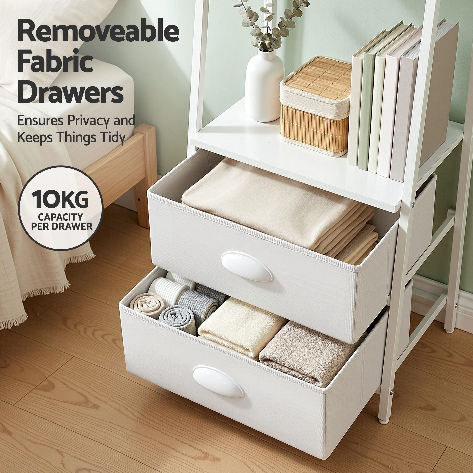 5 Tier Bookshelf Ladder Bookcase with Fabric Drawers Display Rack White - Furniture > Living Room > Bookcases & Shelves - Rivercity House & Home Co. (ABN 18 642 972 209) - Affordable Modern Furniture Australia