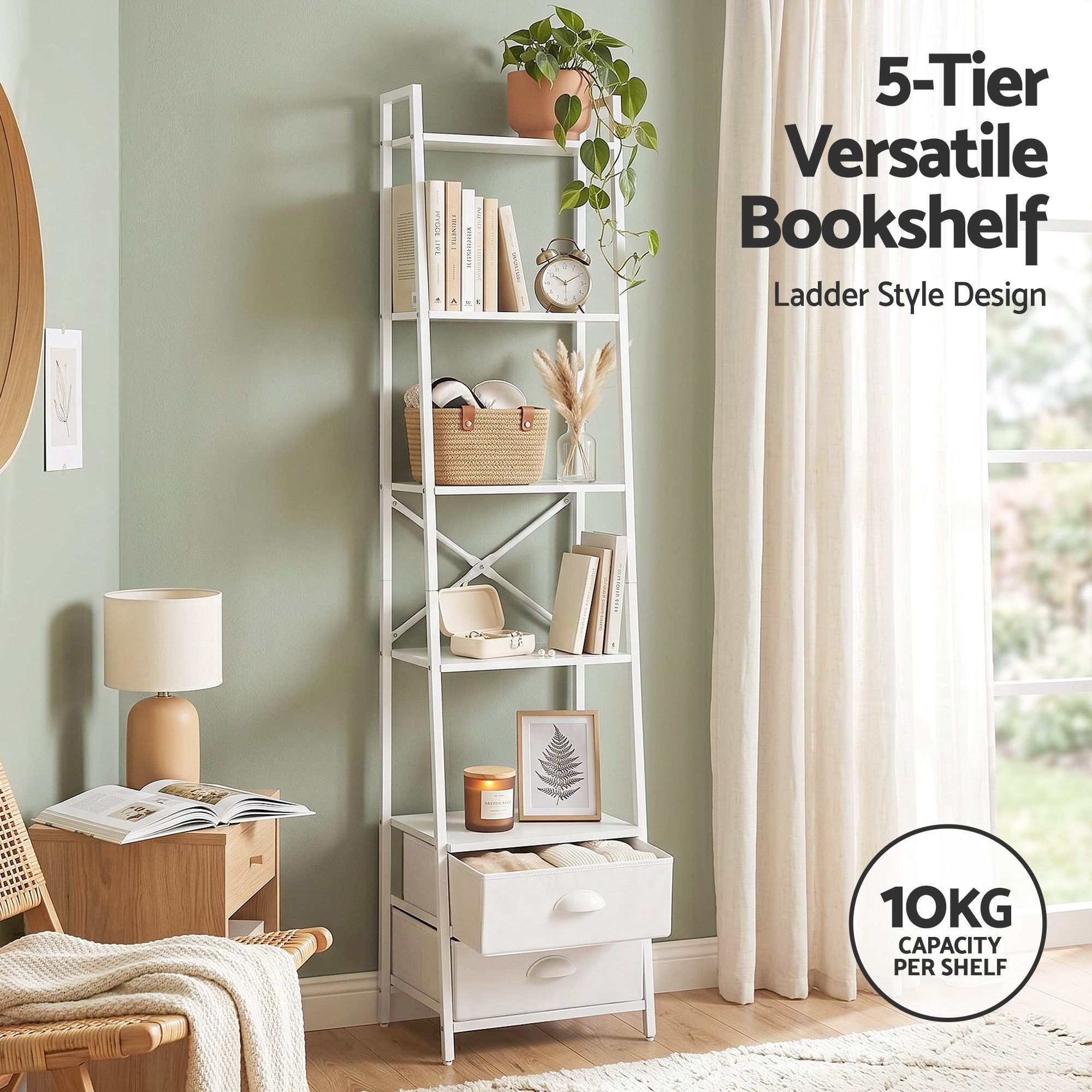 5 Tier Bookshelf Ladder Bookcase with Fabric Drawers Display Rack White - Furniture > Living Room > Bookcases & Shelves - Rivercity House & Home Co. (ABN 18 642 972 209) - Affordable Modern Furniture Australia
