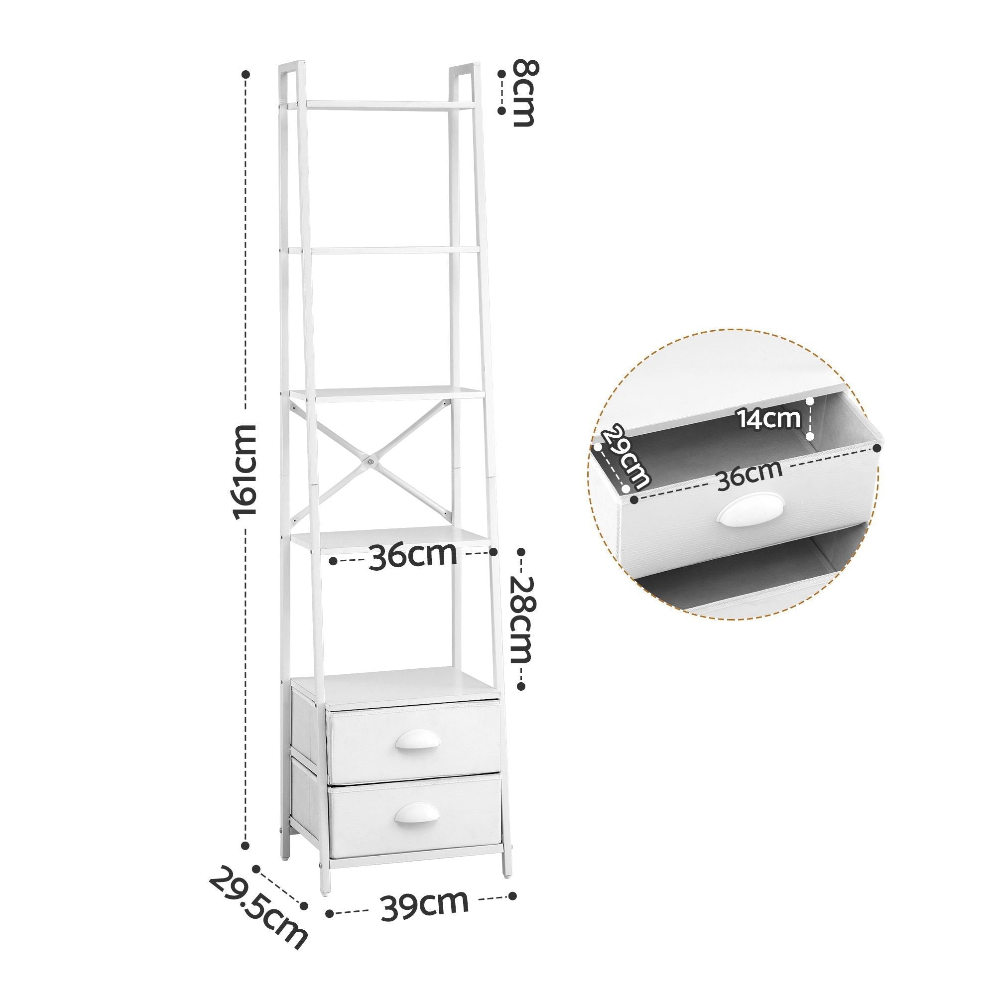 5 Tier Bookshelf Ladder Bookcase with Fabric Drawers Display Rack White - Furniture > Living Room > Bookcases & Shelves - Rivercity House & Home Co. (ABN 18 642 972 209) - Affordable Modern Furniture Australia