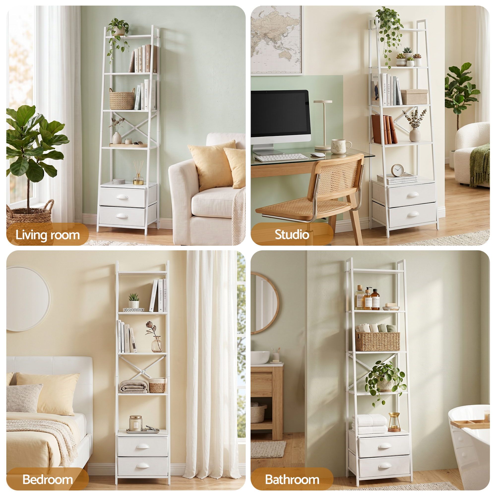 5 Tier Bookshelf Ladder Bookcase with Fabric Drawers Display Rack White - Furniture > Living Room > Bookcases & Shelves - Rivercity House & Home Co. (ABN 18 642 972 209) - Affordable Modern Furniture Australia