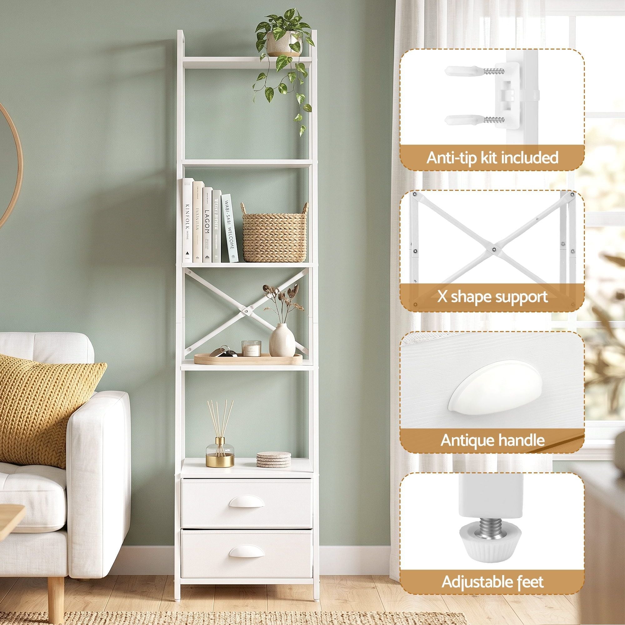 5 Tier Bookshelf Ladder Bookcase with Fabric Drawers Display Rack White - Furniture > Living Room > Bookcases & Shelves - Rivercity House & Home Co. (ABN 18 642 972 209) - Affordable Modern Furniture Australia