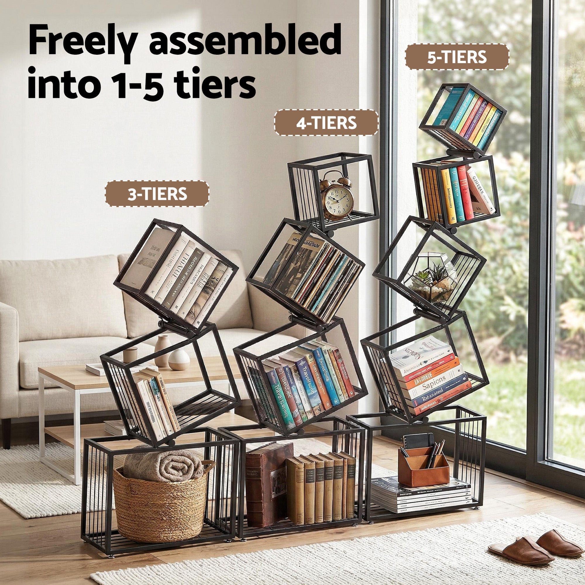 5 - Tier Bookshelf Metal Geometric Display Shelf Storage Organizer Black - Furniture > Living Room > Bookcases & Shelves - Rivercity House & Home Co. (ABN 18 642 972 209) - Affordable Modern Furniture Australia