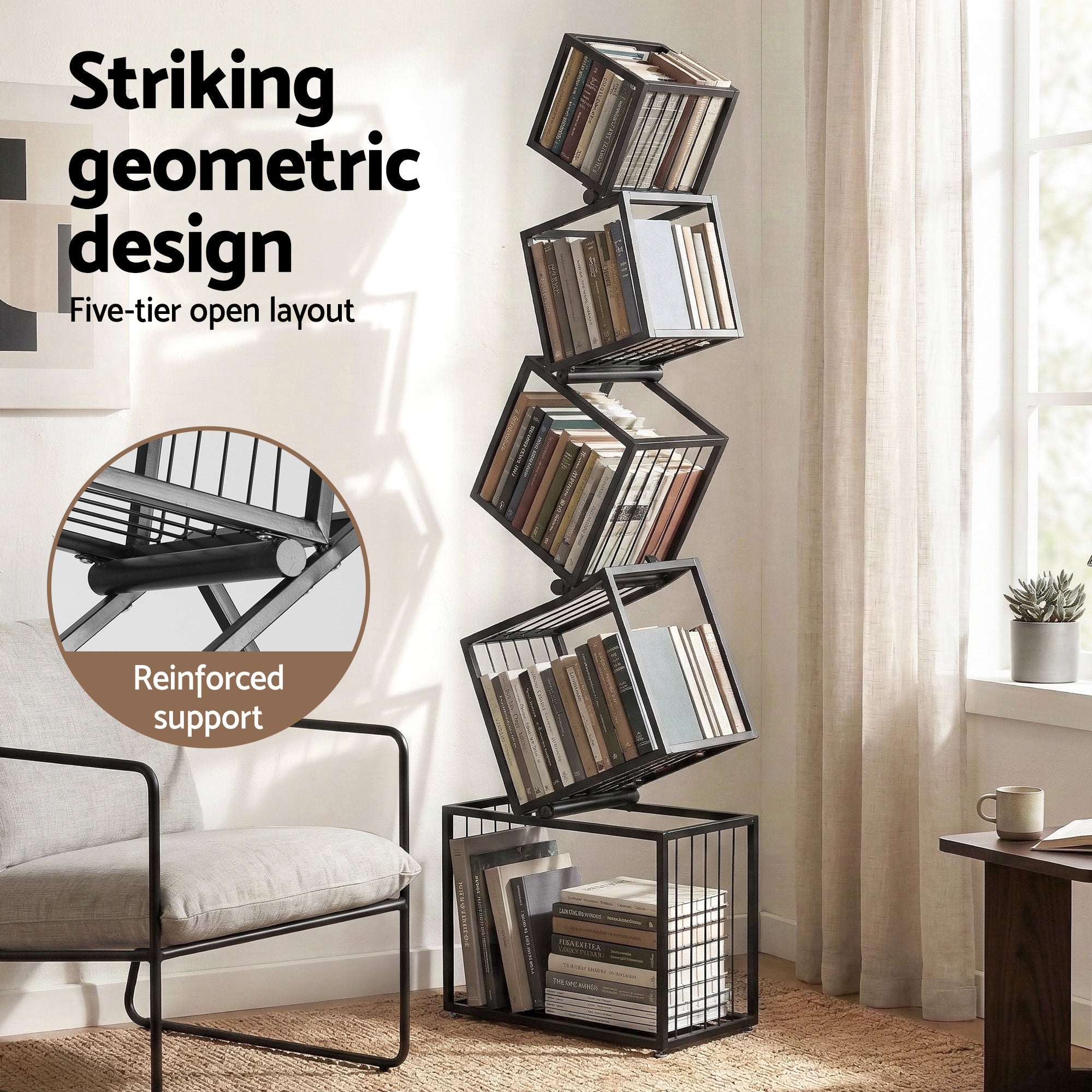 5 - Tier Bookshelf Metal Geometric Display Shelf Storage Organizer Black - Furniture > Living Room > Bookcases & Shelves - Rivercity House & Home Co. (ABN 18 642 972 209) - Affordable Modern Furniture Australia