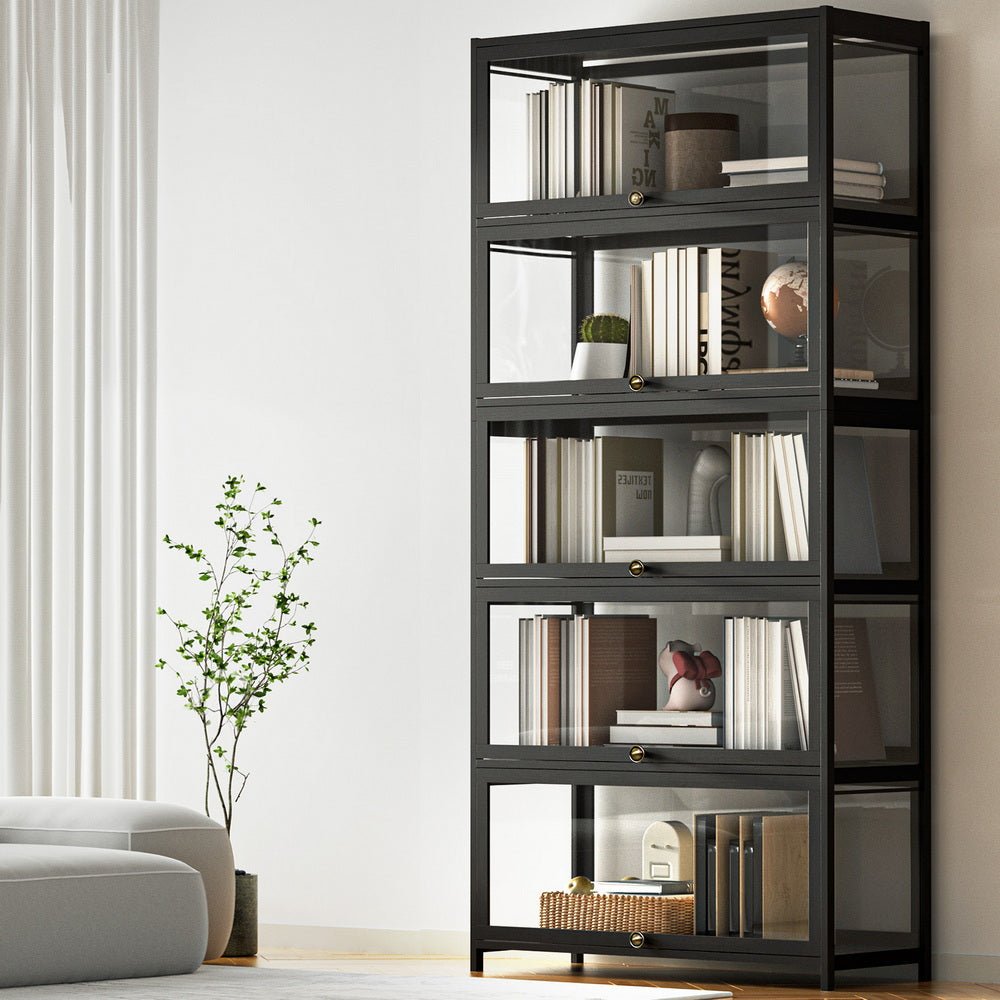 5 - Tier Display Cabinet Storage Bookshelf Clear Shelf Black - Furniture > Living Room > Bookcases & Shelves - Rivercity House & Home Co. (ABN 18 642 972 209) - Affordable Modern Furniture Australia