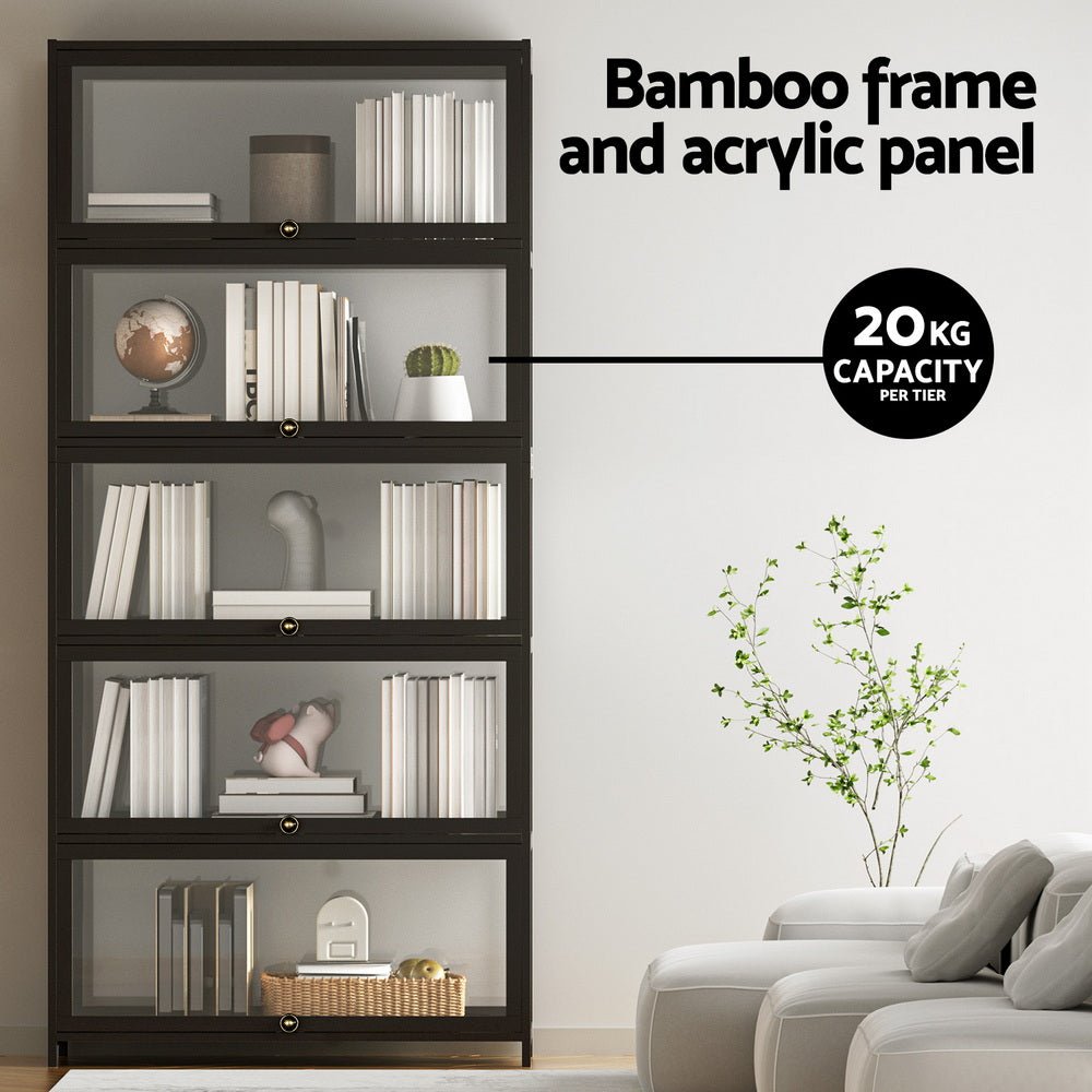 5 - Tier Display Cabinet Storage Bookshelf Clear Shelf Black - Furniture > Living Room > Bookcases & Shelves - Rivercity House & Home Co. (ABN 18 642 972 209) - Affordable Modern Furniture Australia