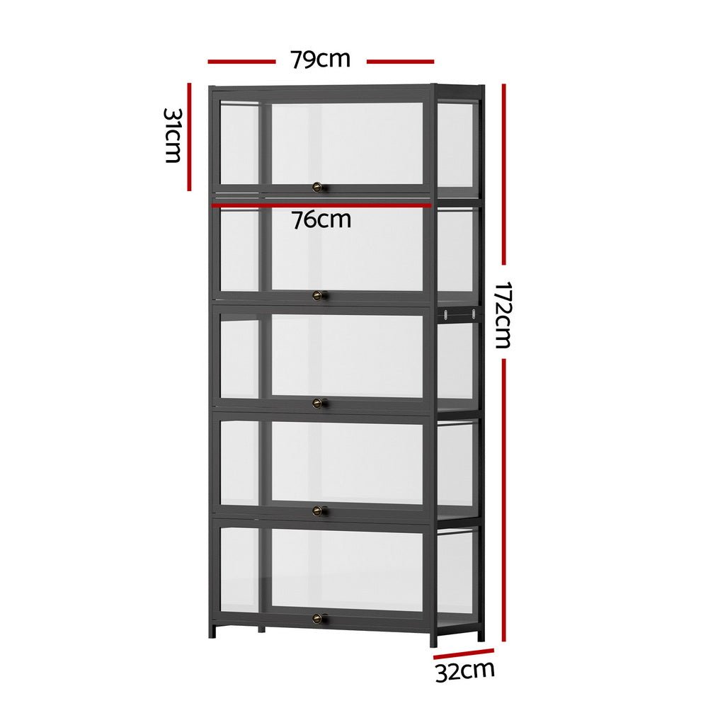 5 - Tier Display Cabinet Storage Bookshelf Clear Shelf Black - Furniture > Living Room > Bookcases & Shelves - Rivercity House & Home Co. (ABN 18 642 972 209) - Affordable Modern Furniture Australia