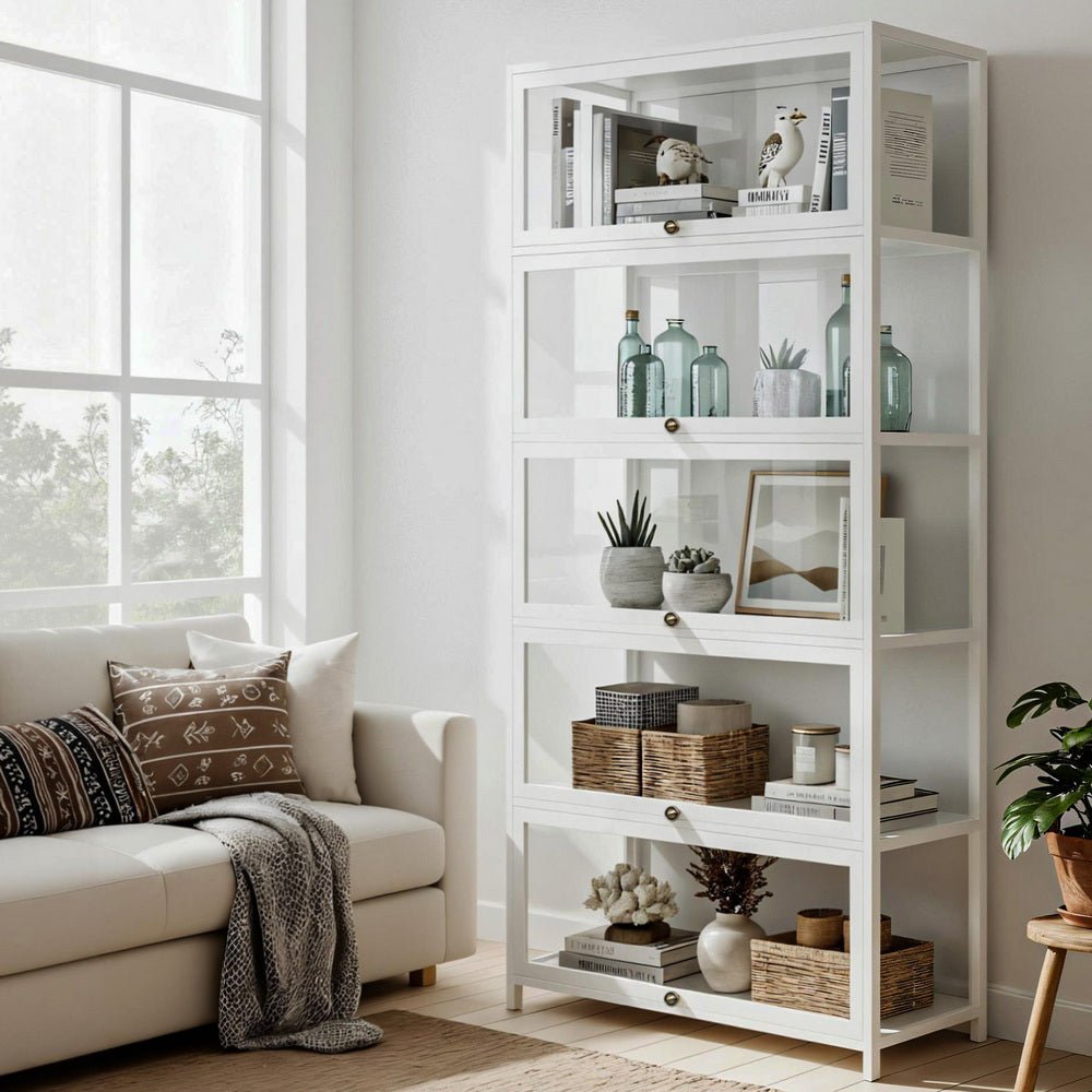 5 - Tier Display Cabinet Storage Bookshelf Clear Shelf White - Furniture > Living Room > Bookcases & Shelves - Rivercity House & Home Co. (ABN 18 642 972 209) - Affordable Modern Furniture Australia