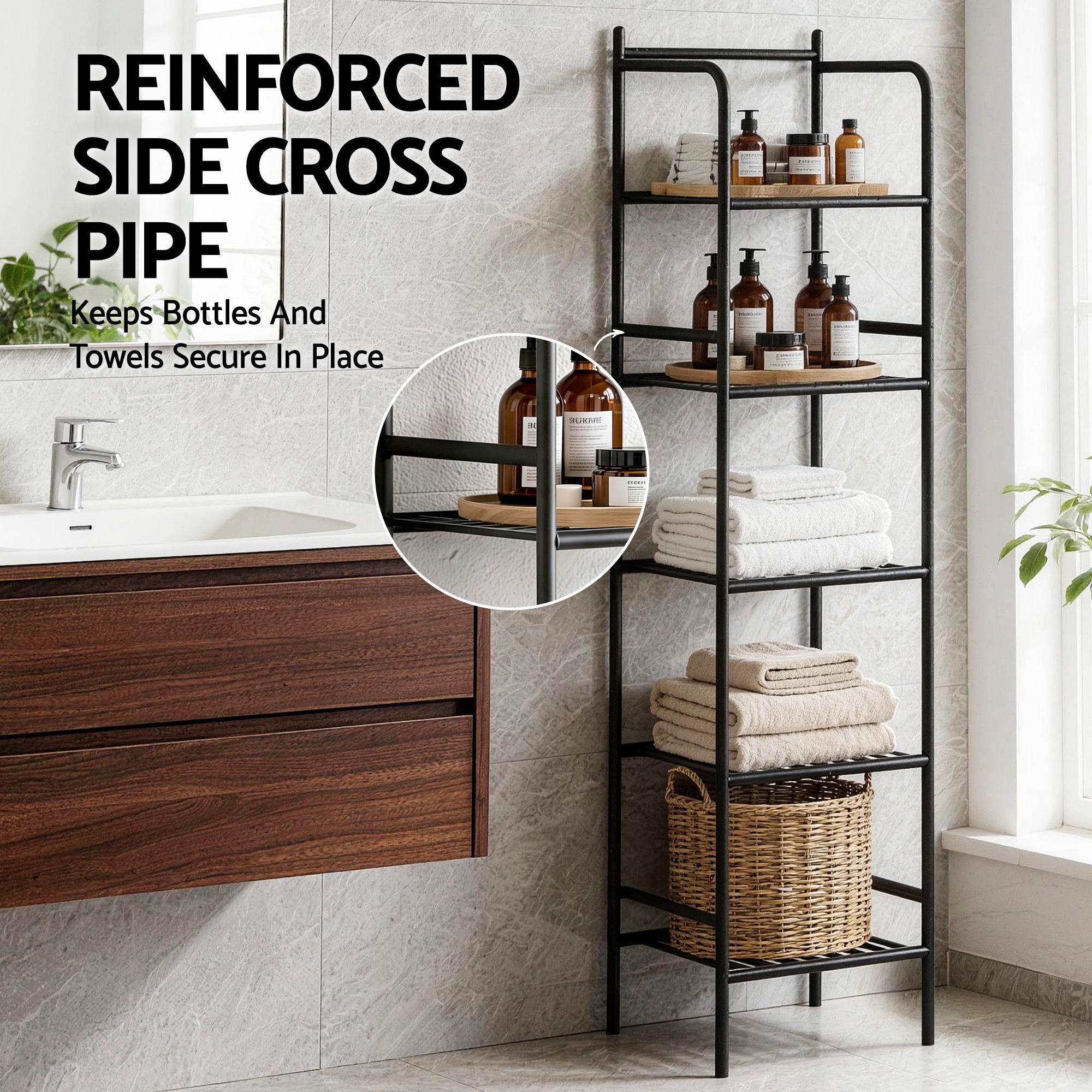 5 Tier Floor Standing Corner Shower Caddy Bathroom Organizer Black - Furniture > Bathroom > Bathroom Cabinets, Cupboards & Storage - Rivercity House & Home Co. (ABN 18 642 972 209) - Affordable Modern Furniture Australia