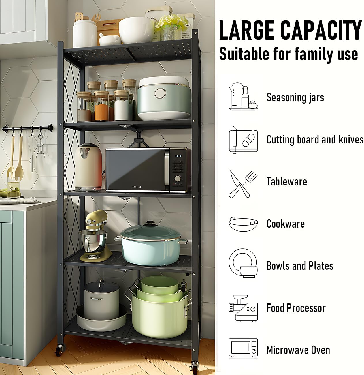 5 - Tier Foldable Storage Shelf with Wheels for Kitchen, Garage, Pantry or Basement (Black) - Furniture > Dining > Kitchen & Dining Trolleys - Rivercity House & Home Co. (ABN 18 642 972 209) - Affordable Modern Furniture Australia