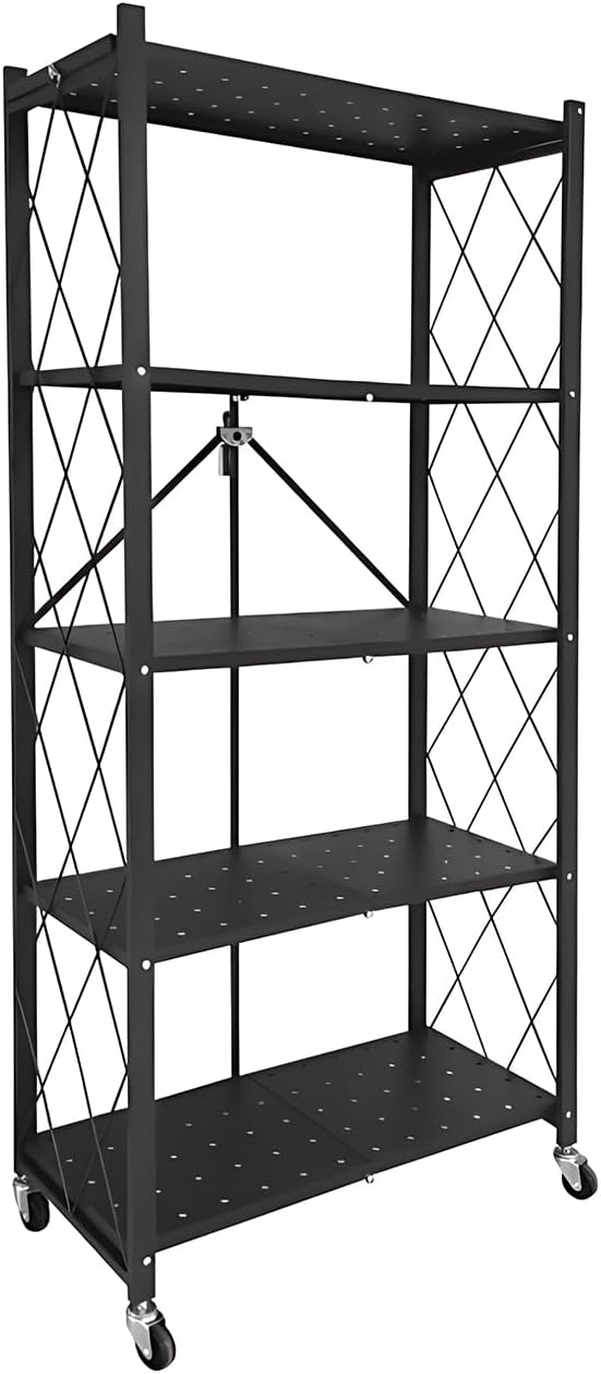 5 - Tier Foldable Storage Shelf with Wheels for Kitchen, Garage, Pantry or Basement (Black) - Furniture > Dining > Kitchen & Dining Trolleys - Rivercity House & Home Co. (ABN 18 642 972 209) - Affordable Modern Furniture Australia