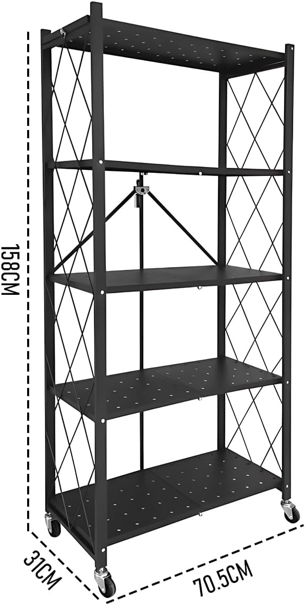 5 - Tier Foldable Storage Shelf with Wheels for Kitchen, Garage, Pantry or Basement (Black) - Furniture > Dining > Kitchen & Dining Trolleys - Rivercity House & Home Co. (ABN 18 642 972 209) - Affordable Modern Furniture Australia