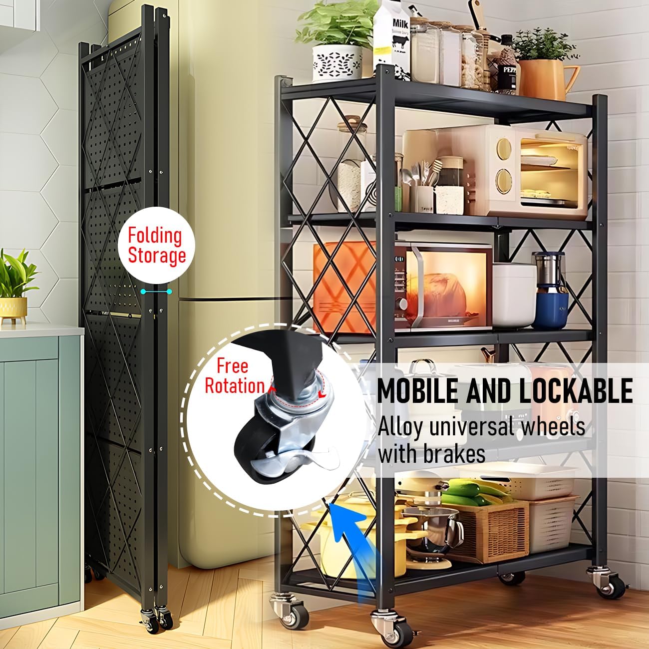 5 - Tier Foldable Storage Shelf with Wheels for Kitchen, Garage, Pantry or Basement (Black) - Furniture > Dining > Kitchen & Dining Trolleys - Rivercity House & Home Co. (ABN 18 642 972 209) - Affordable Modern Furniture Australia